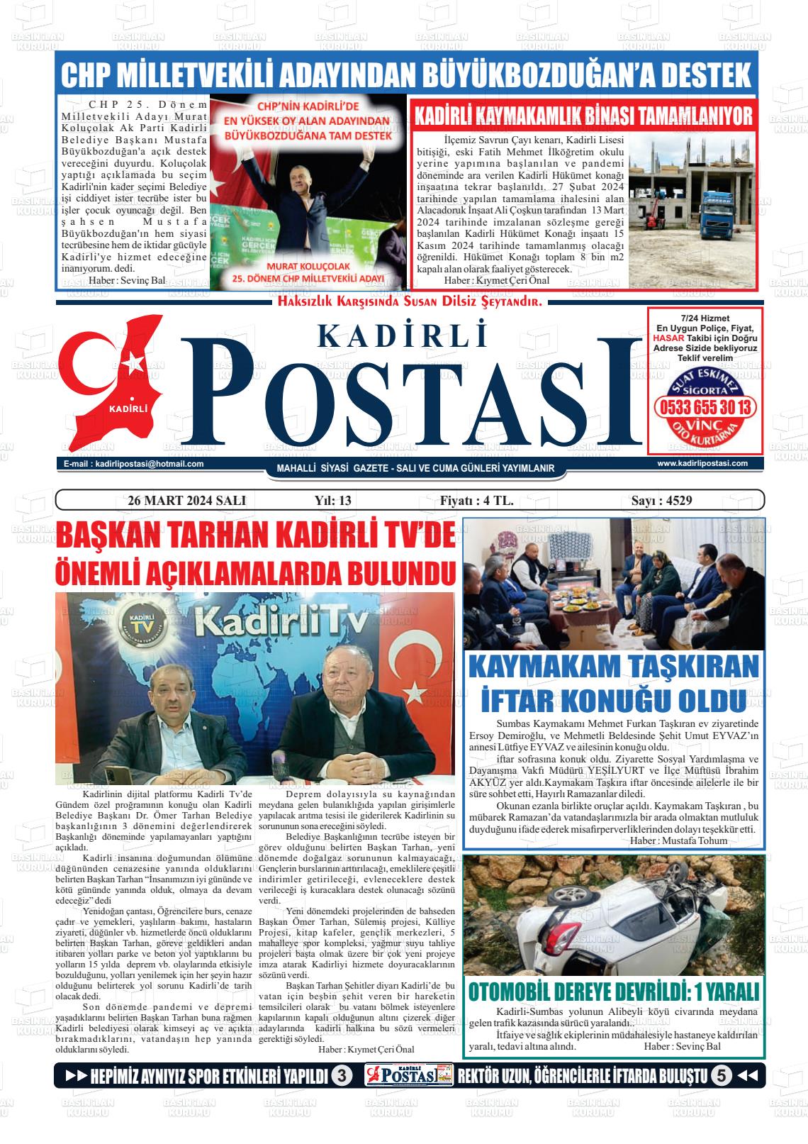 26 Mart 2024 Kadirli Postası Gazete Manşeti