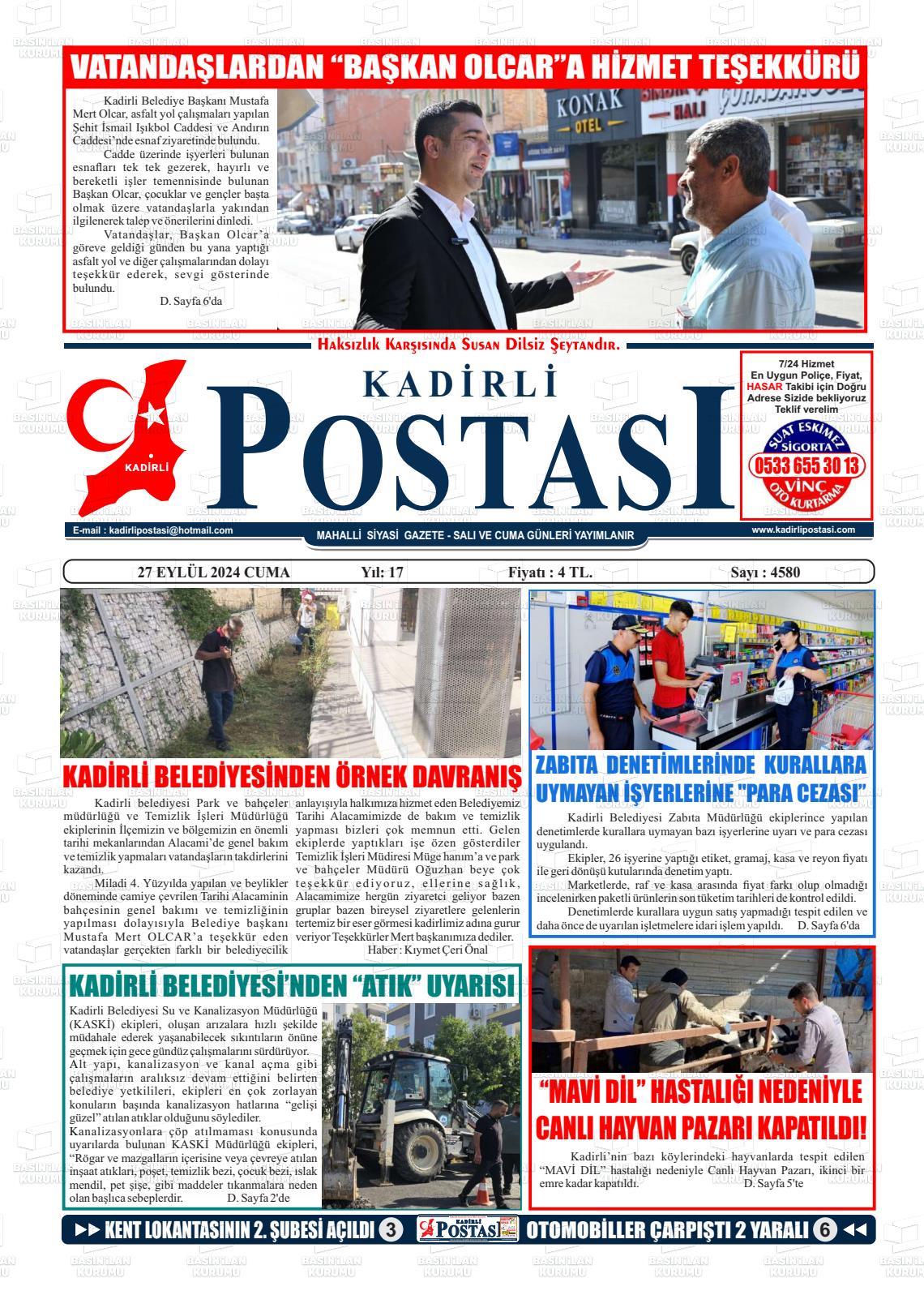 27 Eylül 2024 Kadirli Postası Gazete Manşeti