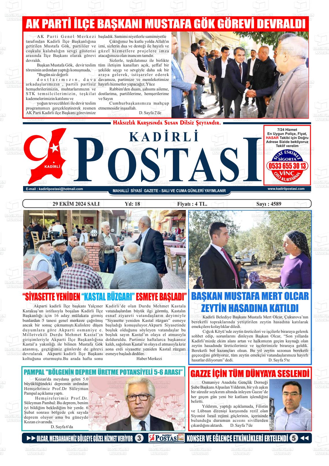 29 Ekim 2024 Kadirli Postası Gazete Manşeti