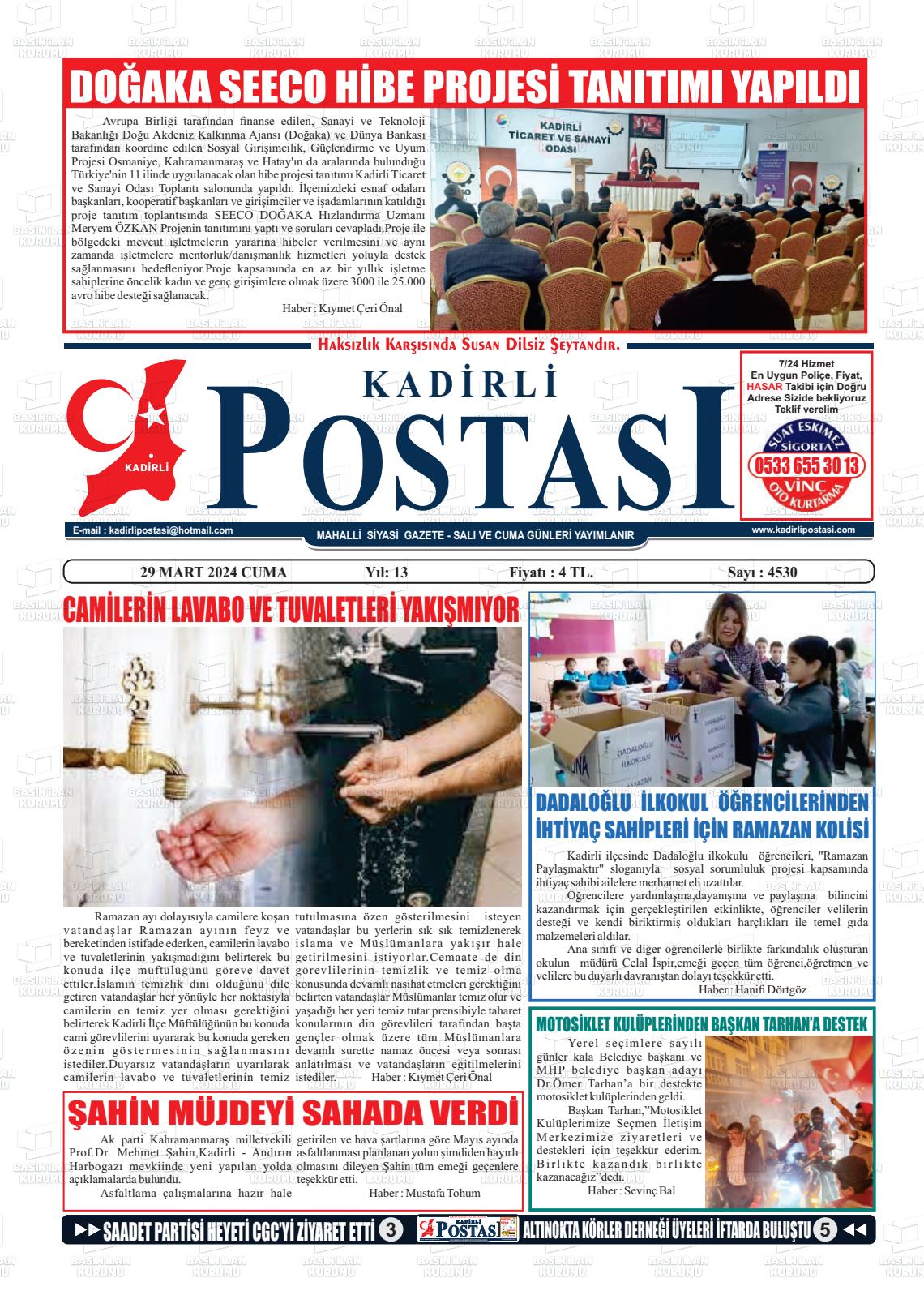 29 Mart 2024 Kadirli Postası Gazete Manşeti