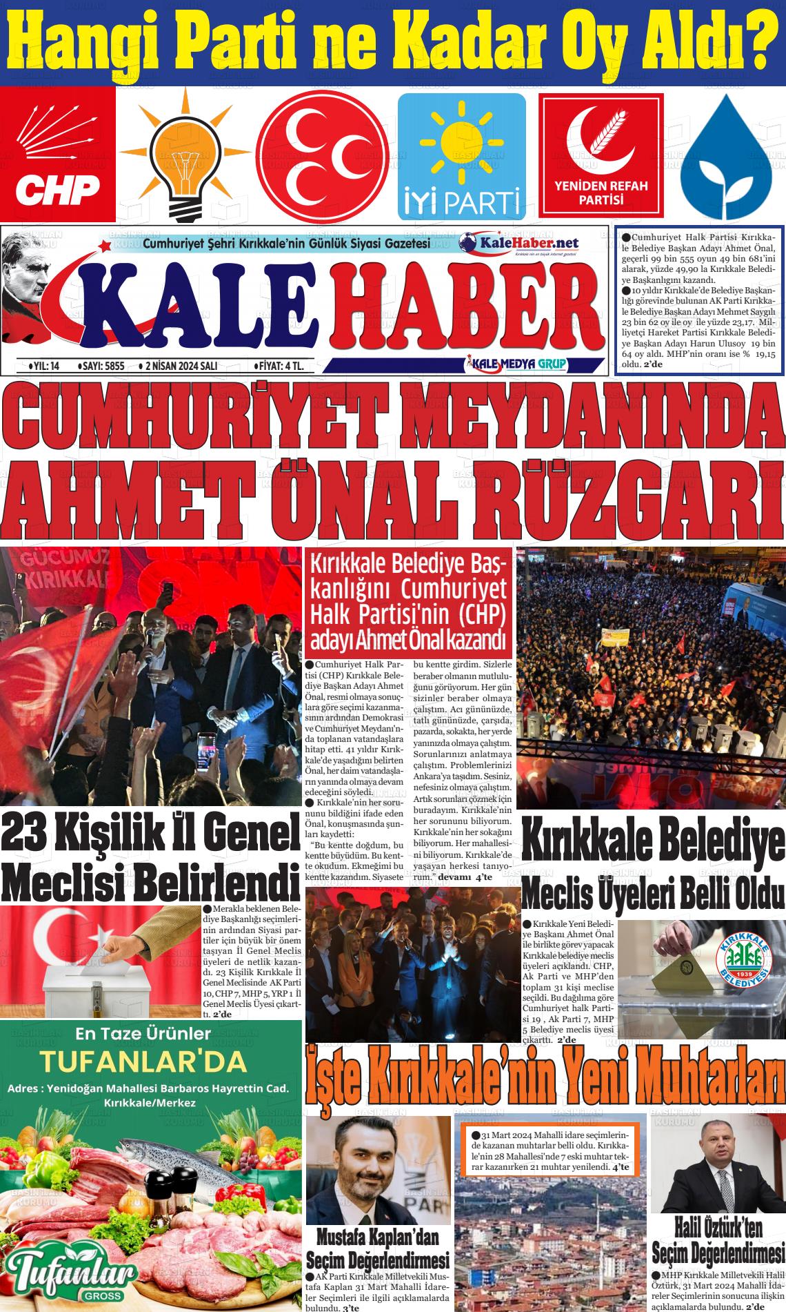 02 Nisan 2024 Kale Haber Gazete Manşeti