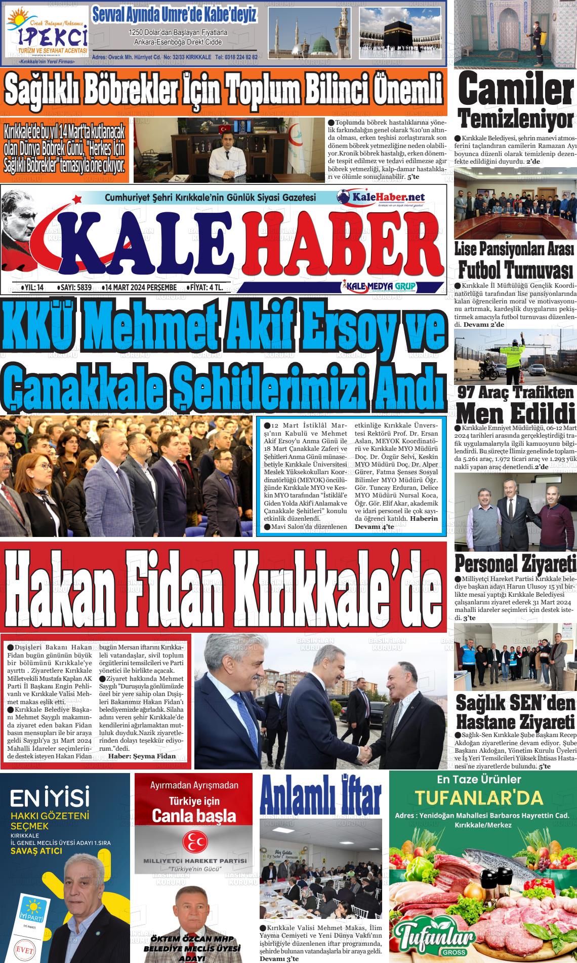 14 Mart 2024 Kale Haber Gazete Manşeti