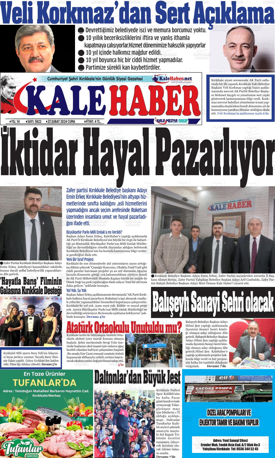 23 Şubat 2024 Kale Haber Gazete Manşeti