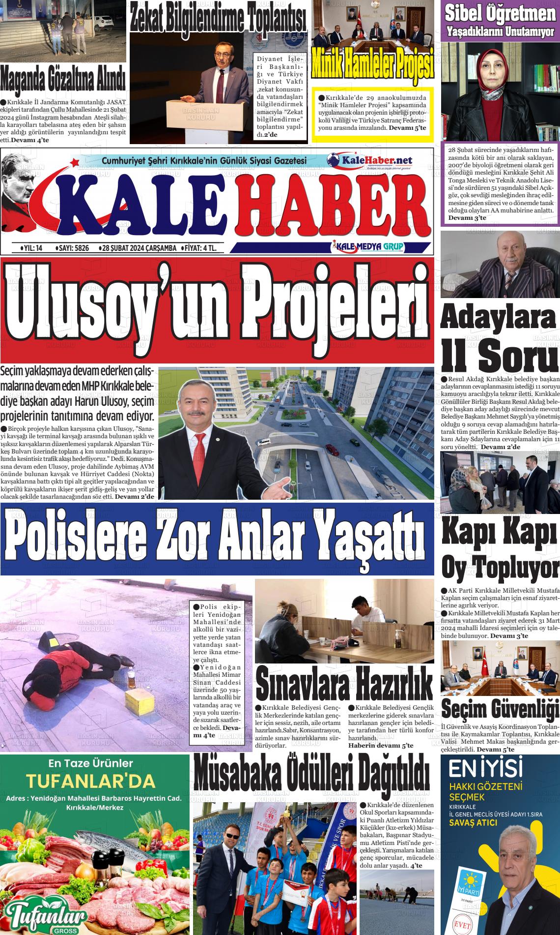 28 Şubat 2024 Kale Haber Gazete Manşeti