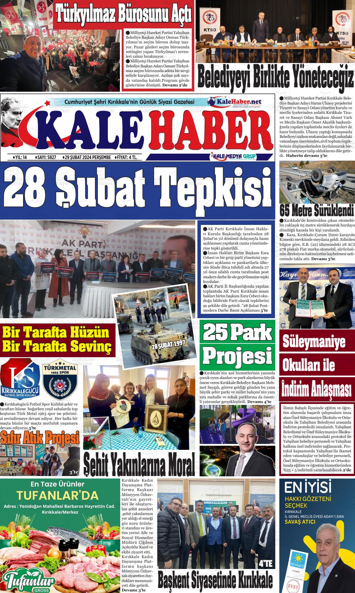 29 Şubat 2024 Kale Haber Gazete Manşeti