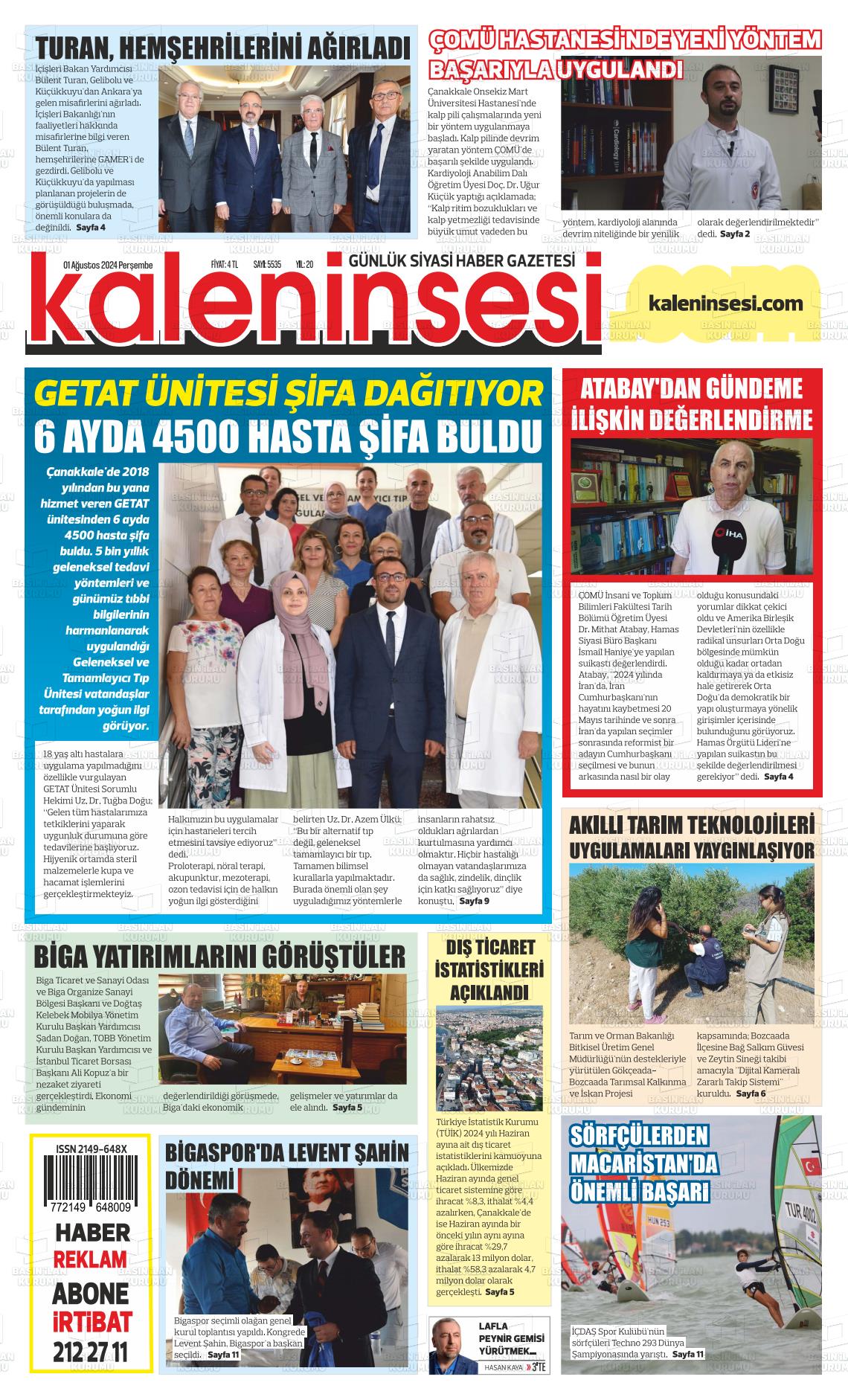 01 Ağustos 2024 Kale'nin Sesi Gazete Manşeti