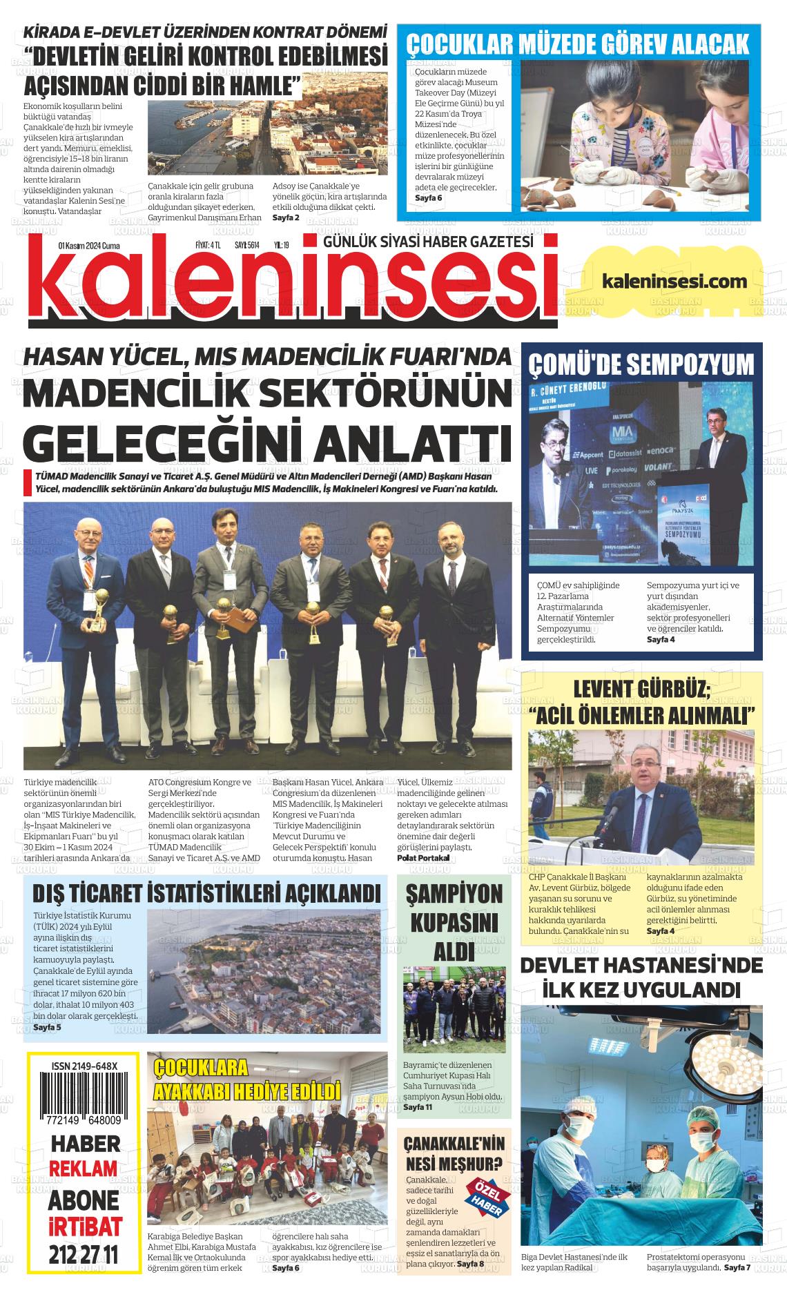 01 Kasım 2024 Kale'nin Sesi Gazete Manşeti