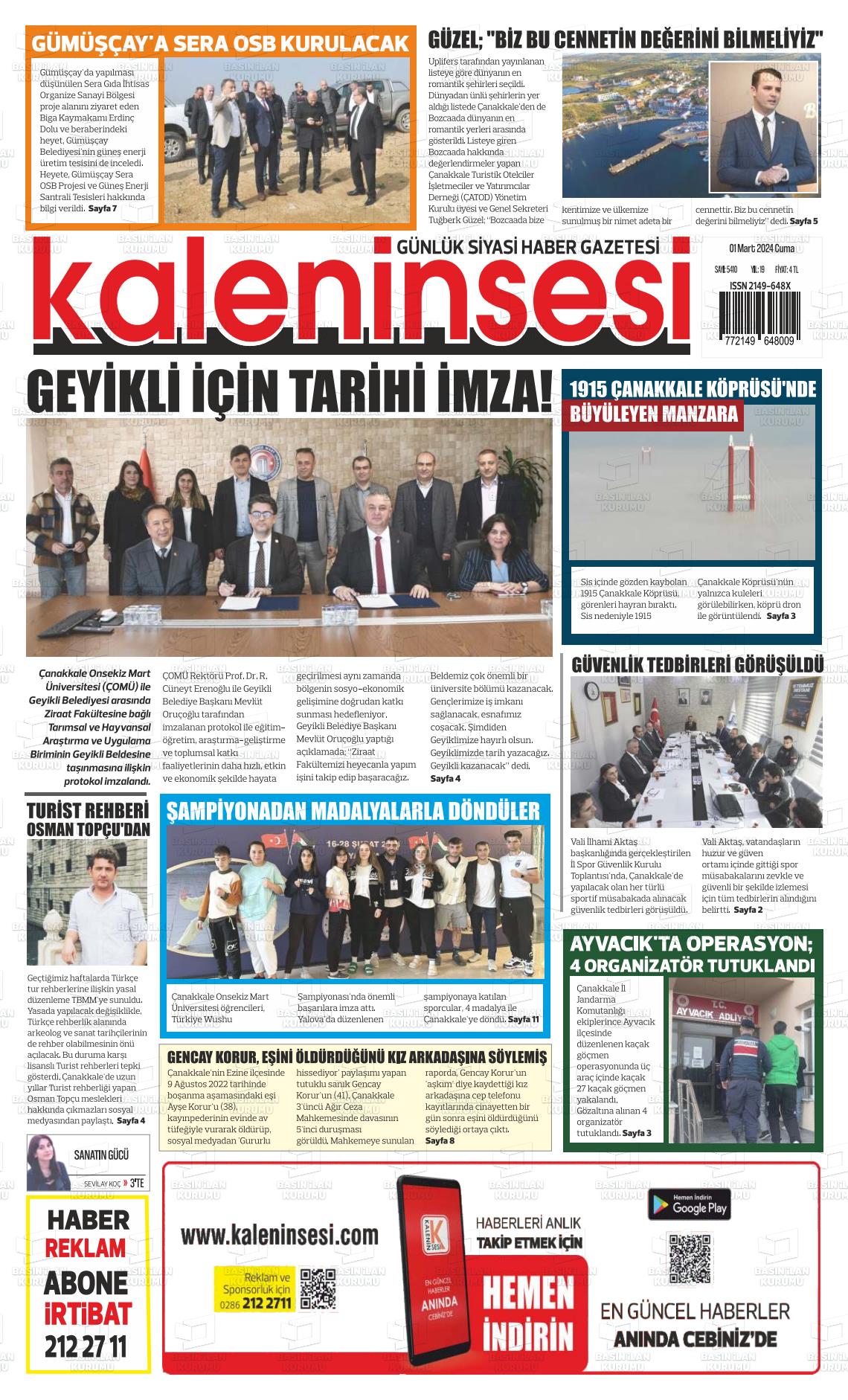 01 Mart 2024 Kale'nin Sesi Gazete Manşeti