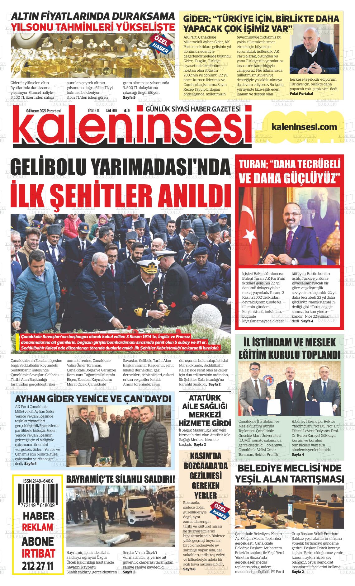 04 Kasım 2024 Kale'nin Sesi Gazete Manşeti