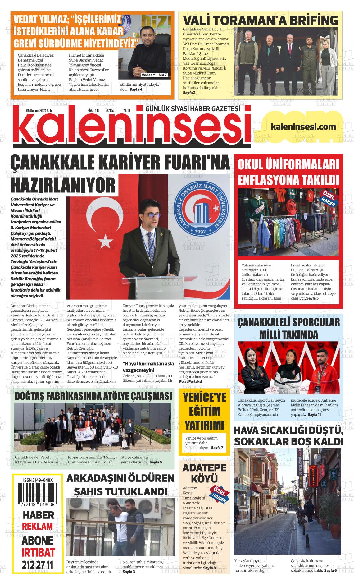 05 Kasım 2024 Kale'nin Sesi Gazete Manşeti