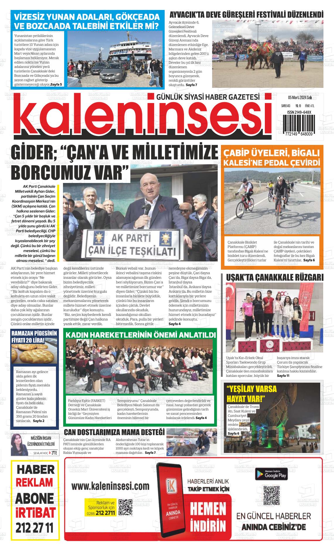 06 Mart 2024 Kale'nin Sesi Gazete Manşeti