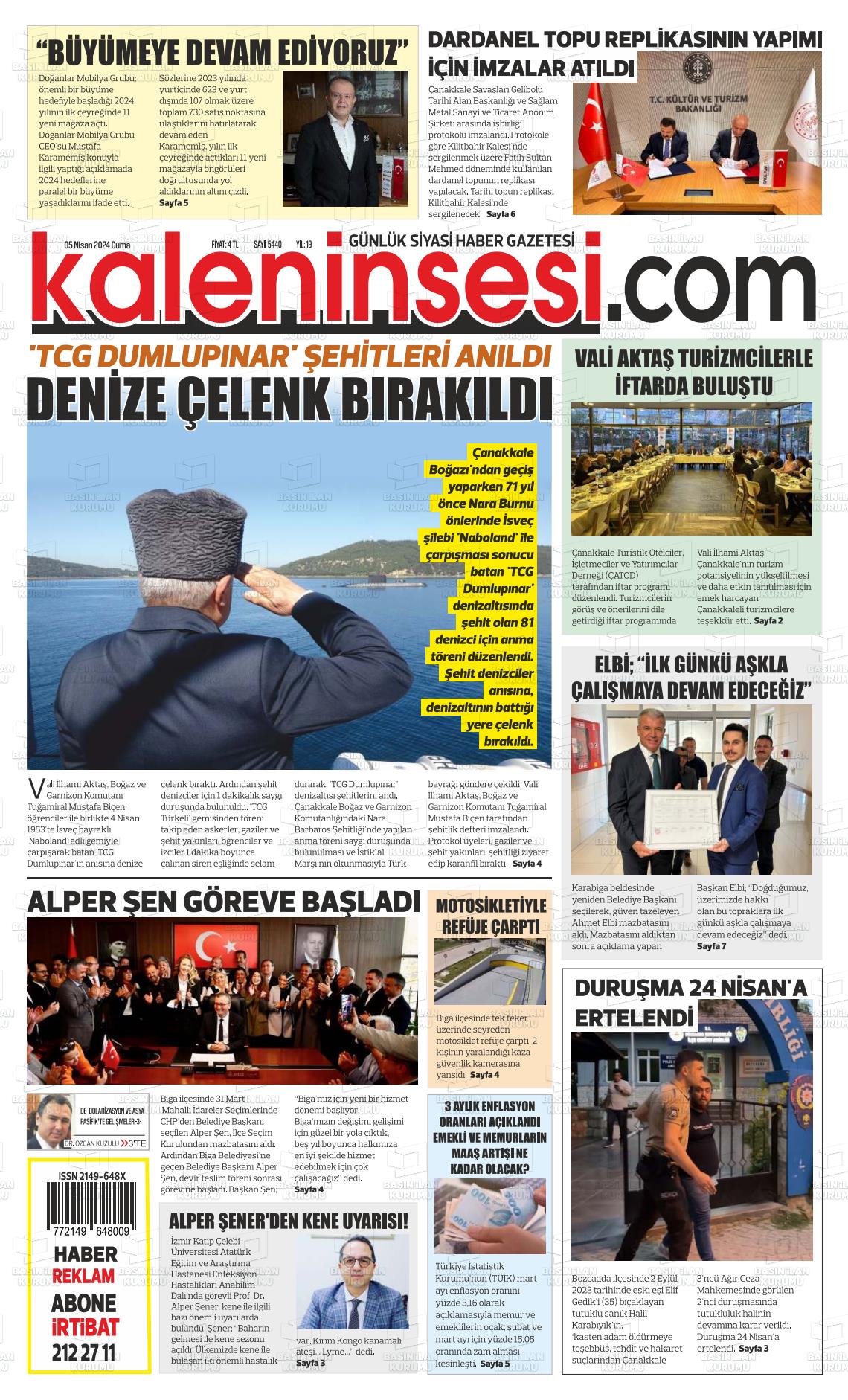 05 Nisan 2024 Kale'nin Sesi Gazete Manşeti