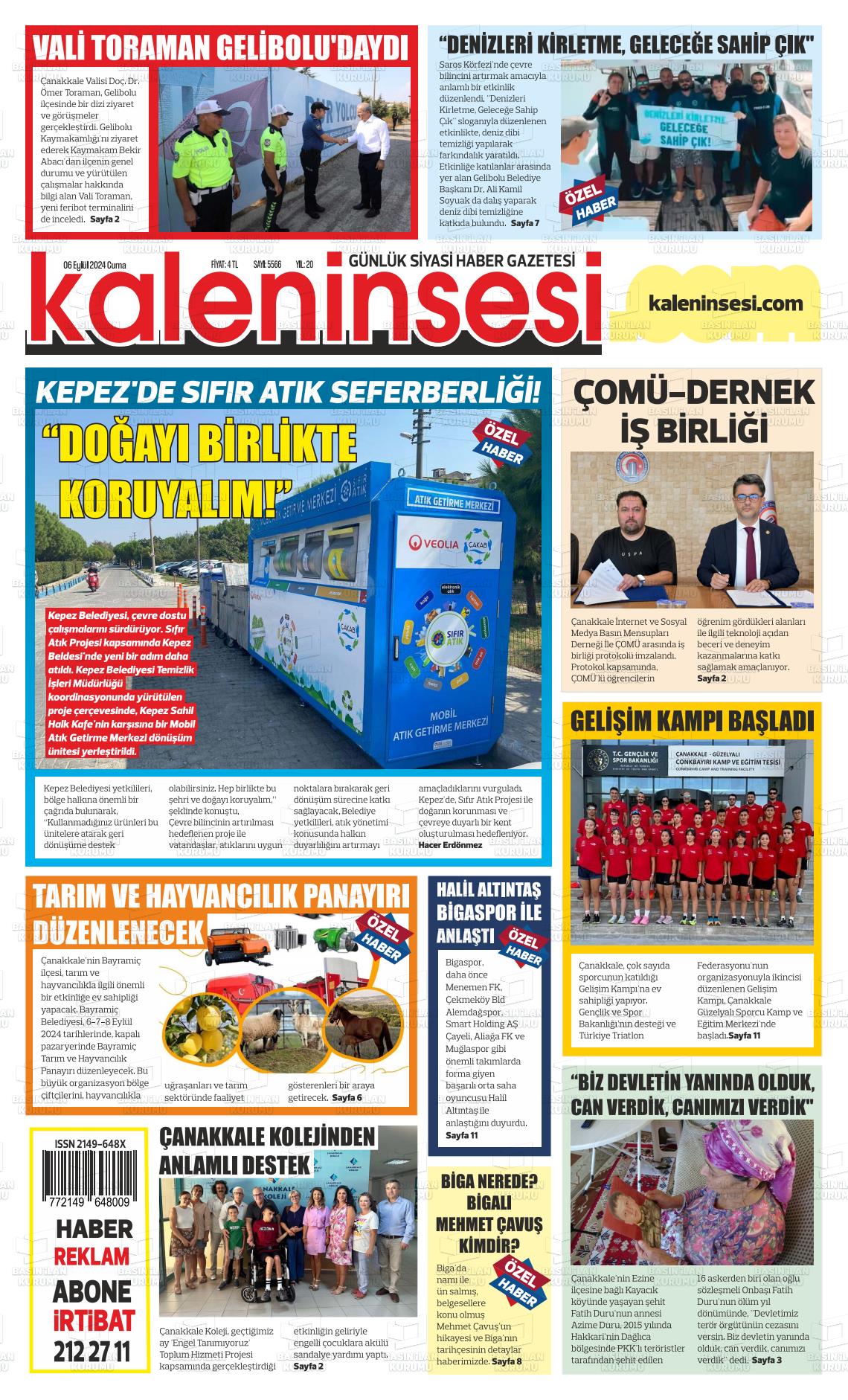 06 Eylül 2024 Kale'nin Sesi Gazete Manşeti