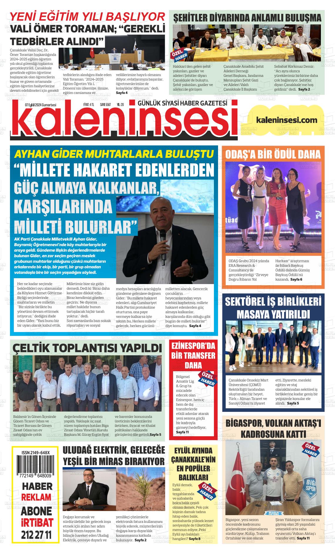 07 Eylül 2024 Kale'nin Sesi Gazete Manşeti