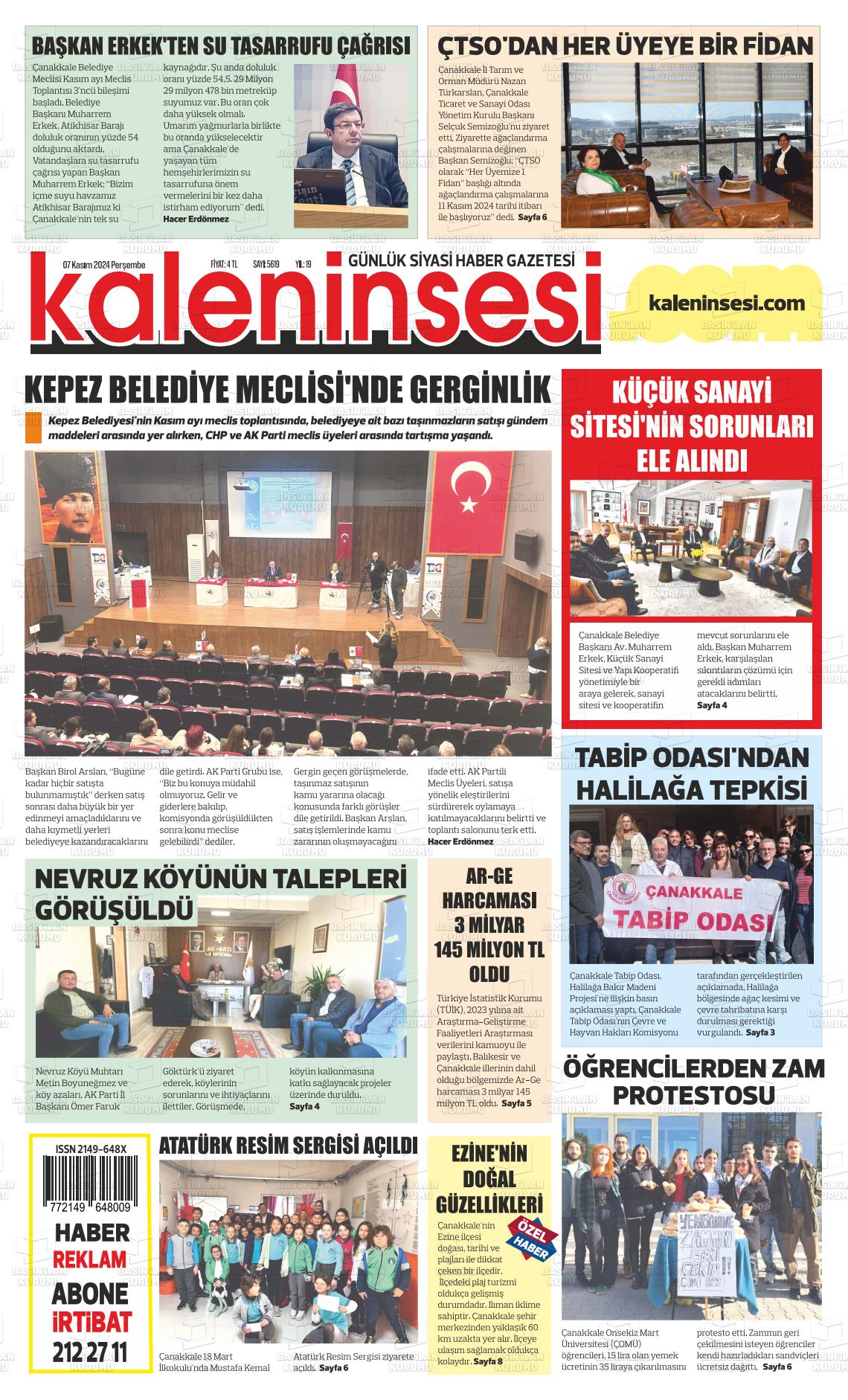 07 Kasım 2024 Kale'nin Sesi Gazete Manşeti