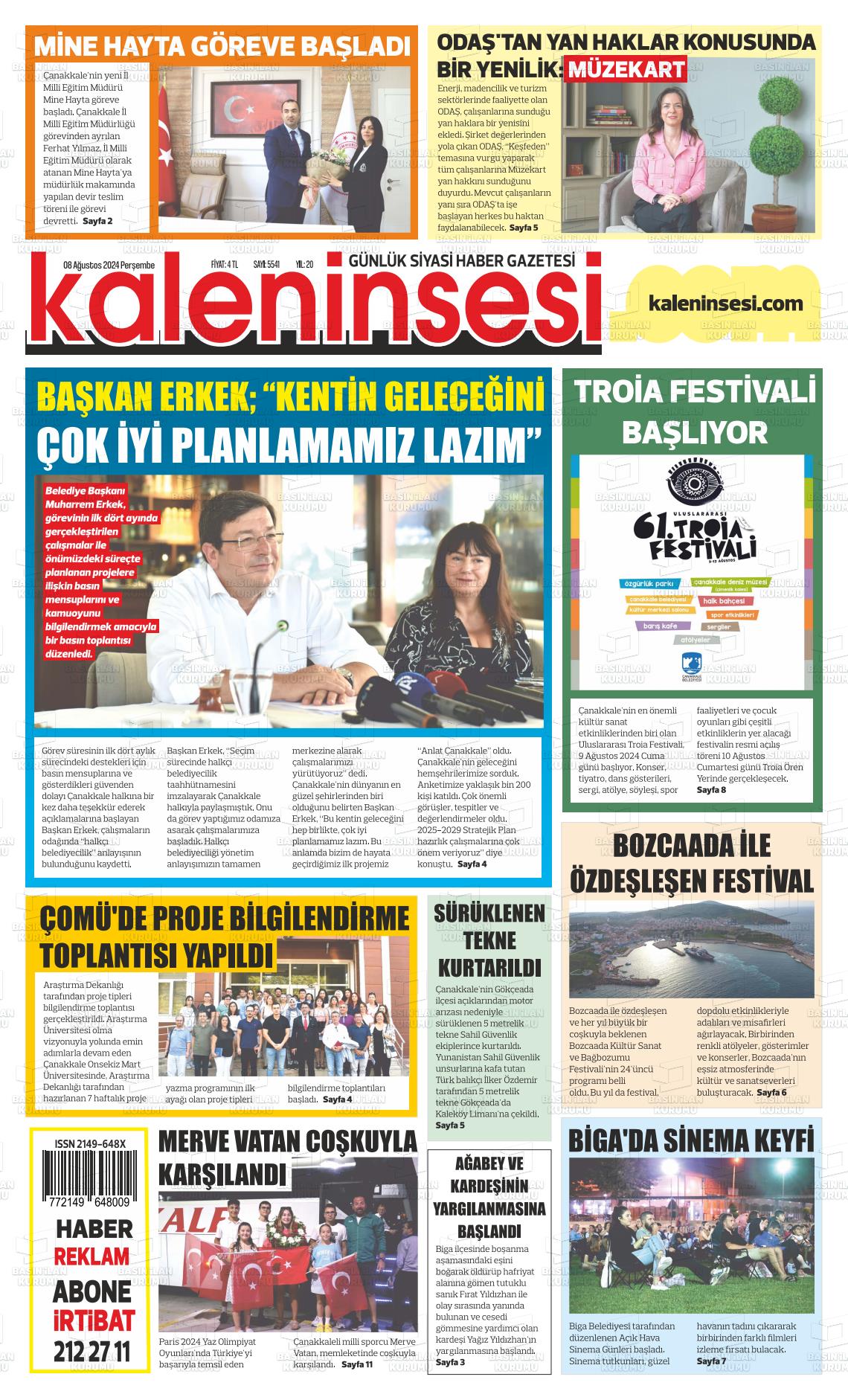 08 Ağustos 2024 Kale'nin Sesi Gazete Manşeti