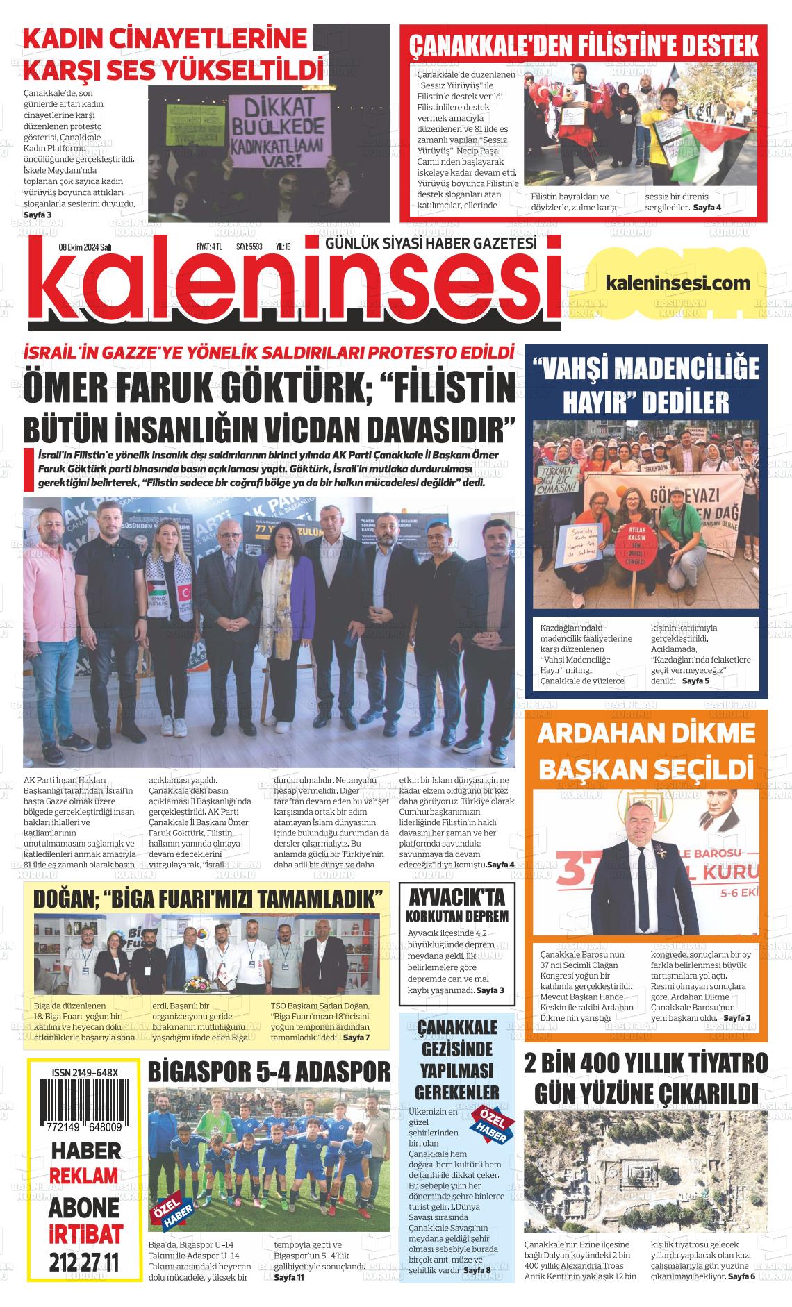 08 Ekim 2024 Kale'nin Sesi Gazete Manşeti