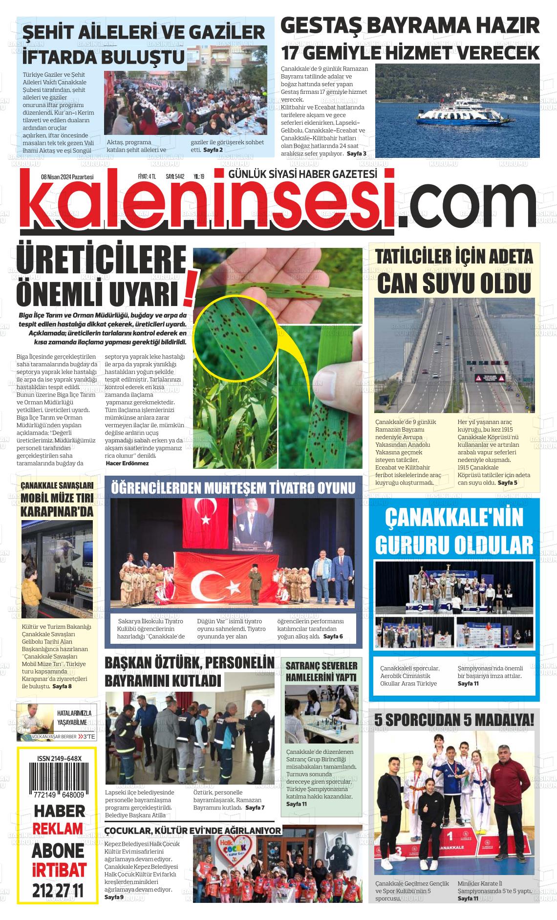 08 Nisan 2024 Kale'nin Sesi Gazete Manşeti