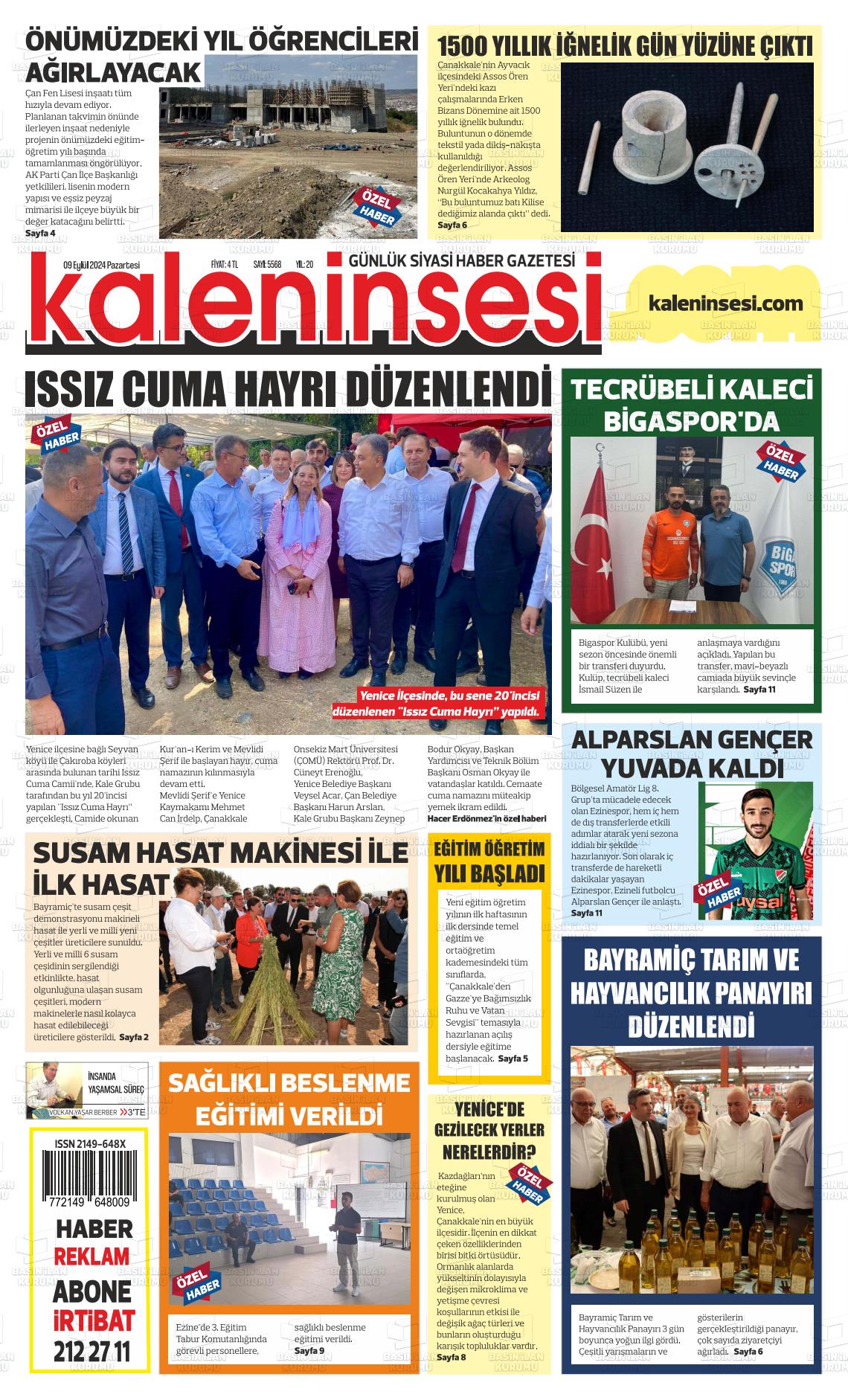 09 Eylül 2024 Kale'nin Sesi Gazete Manşeti