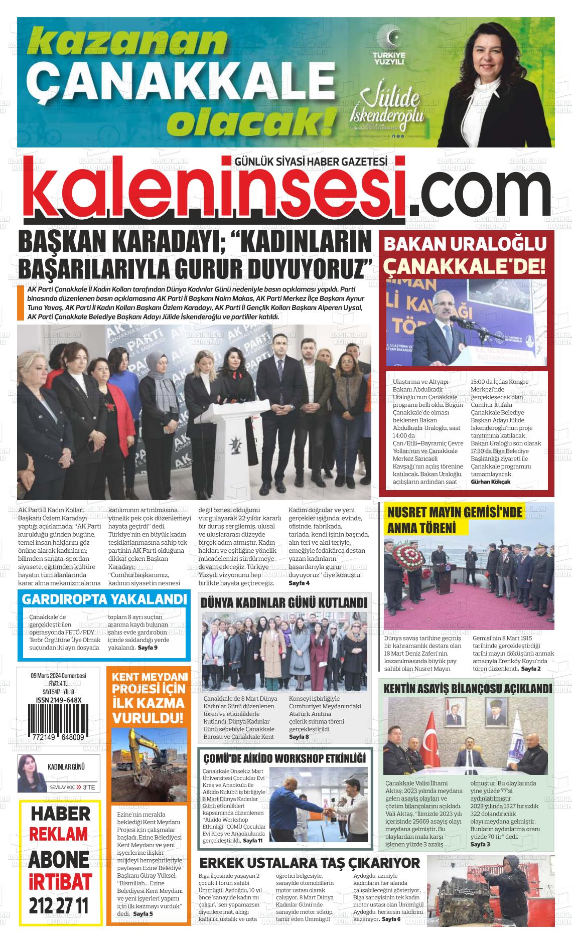 09 Mart 2024 Kale'nin Sesi Gazete Manşeti