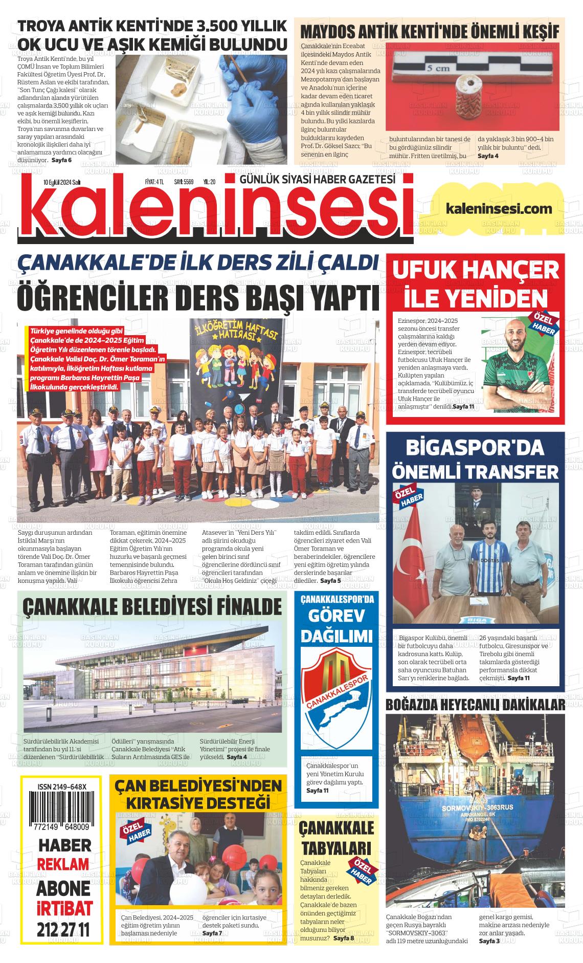 10 Eylül 2024 Kale'nin Sesi Gazete Manşeti