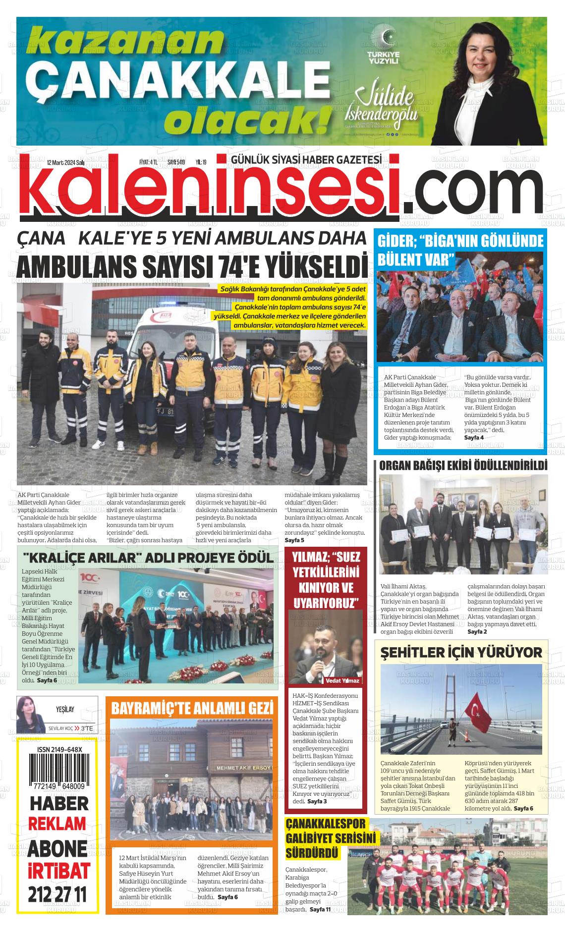 12 Mart 2024 Kale'nin Sesi Gazete Manşeti