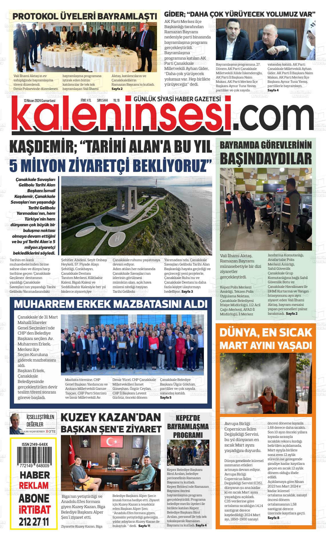 13 Nisan 2024 Kale'nin Sesi Gazete Manşeti