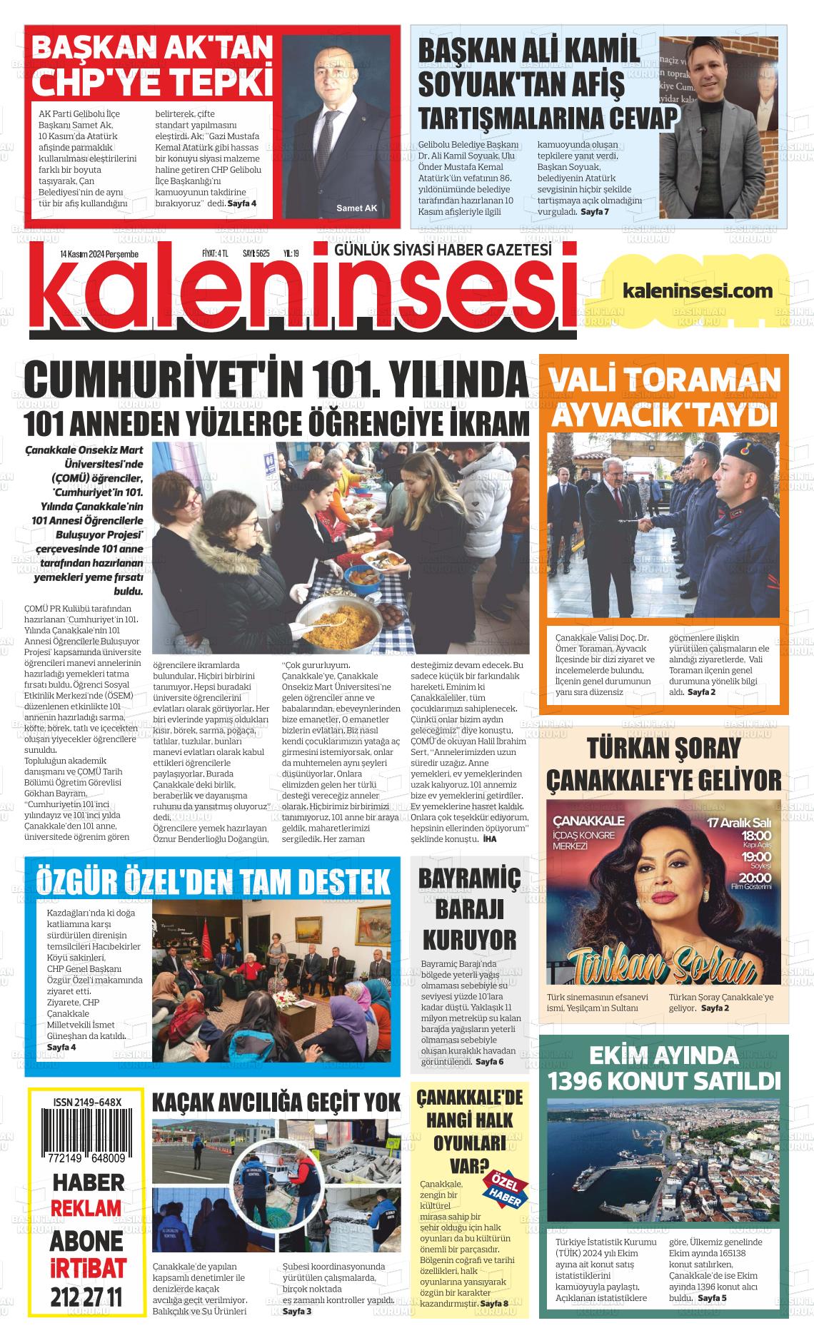 14 Kasım 2024 Kale'nin Sesi Gazete Manşeti