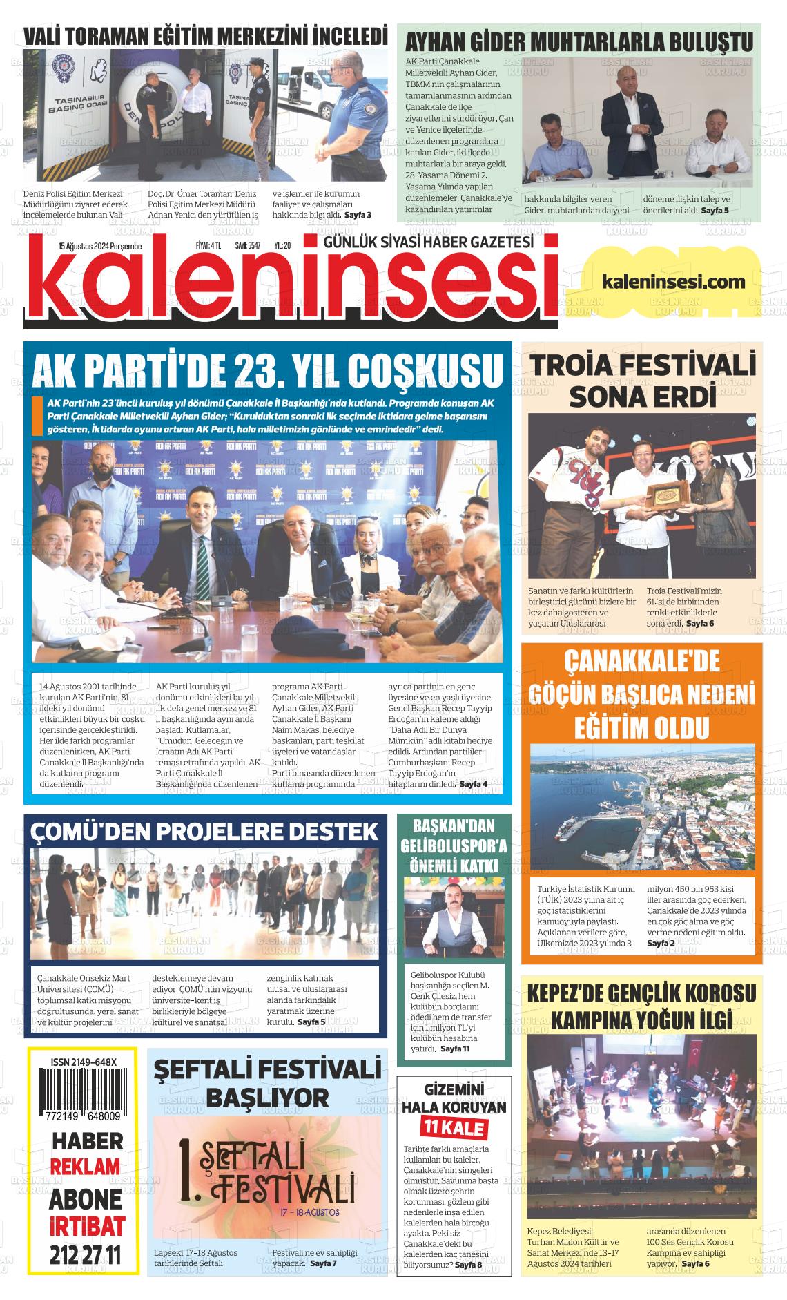 15 Ağustos 2024 Kale'nin Sesi Gazete Manşeti