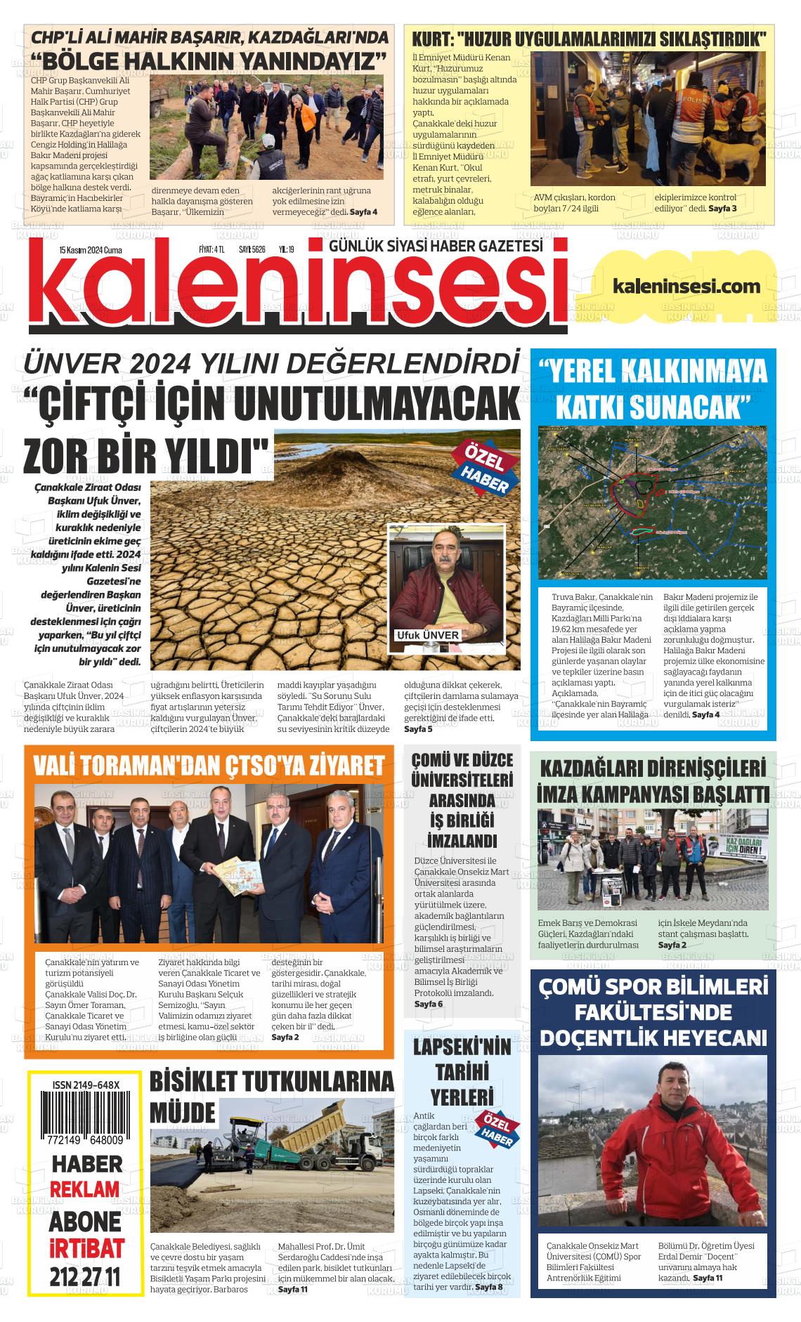 15 Kasım 2024 Kale'nin Sesi Gazete Manşeti