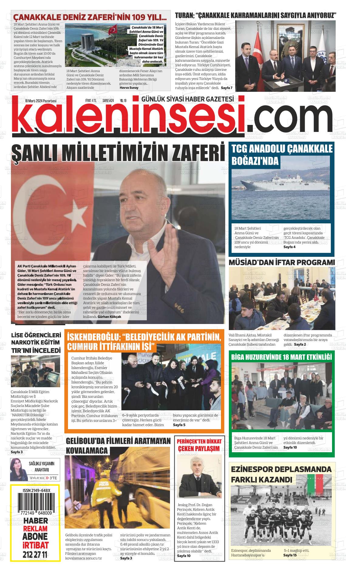 18 Mart 2024 Kale'nin Sesi Gazete Manşeti