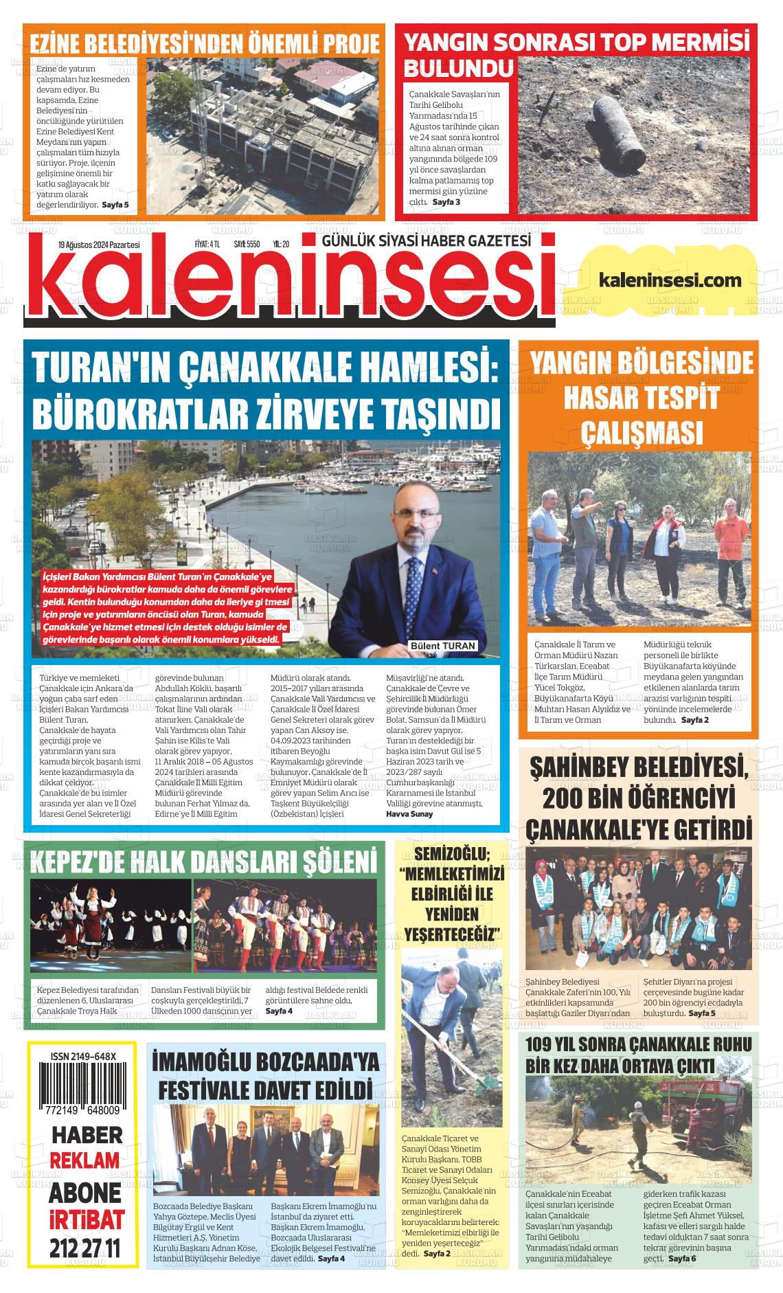 19 Ağustos 2024 Kale'nin Sesi Gazete Manşeti