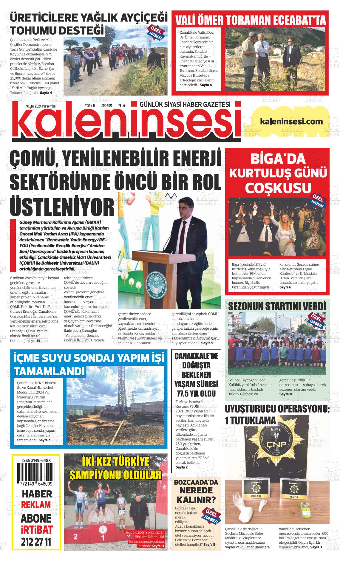 19 Eylül 2024 Kale'nin Sesi Gazete Manşeti