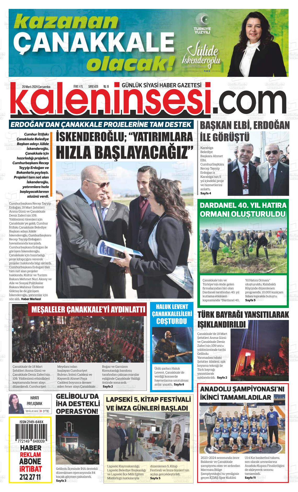 20 Mart 2024 Kale'nin Sesi Gazete Manşeti