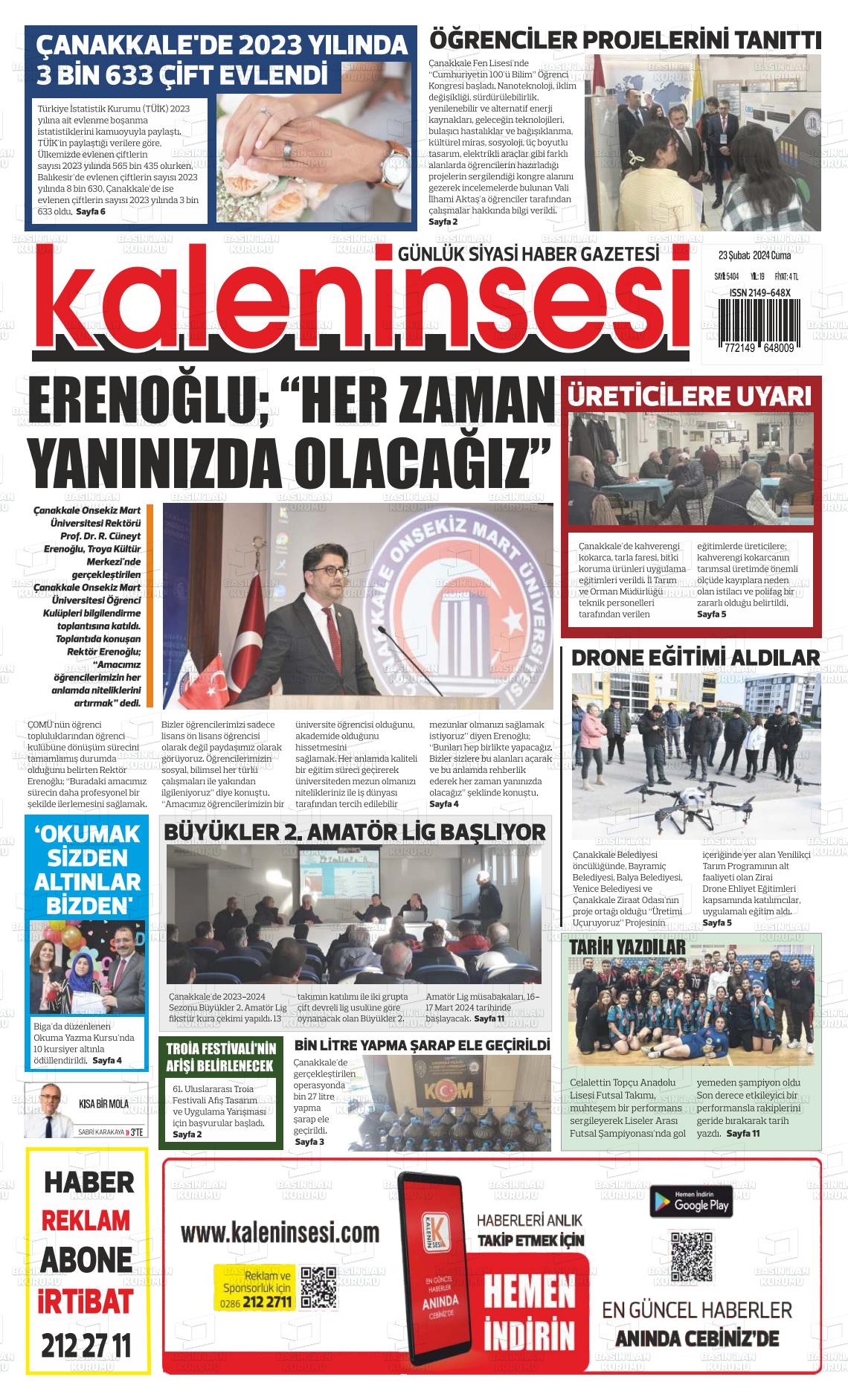 23 Şubat 2024 Kale'nin Sesi Gazete Manşeti