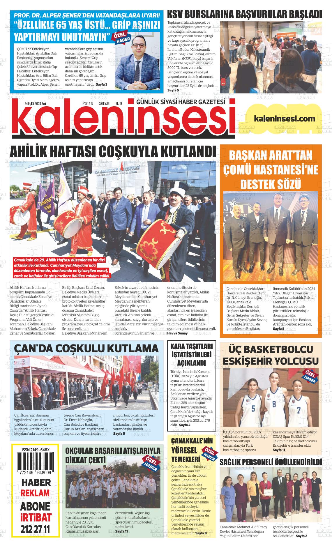 25 Eylül 2024 Kale'nin Sesi Gazete Manşeti