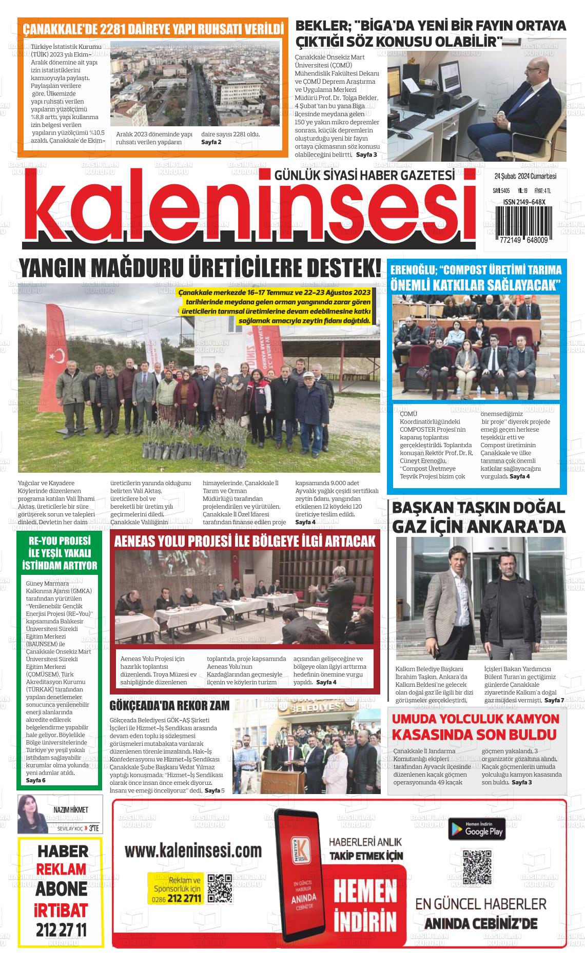 24 Şubat 2024 Kale'nin Sesi Gazete Manşeti