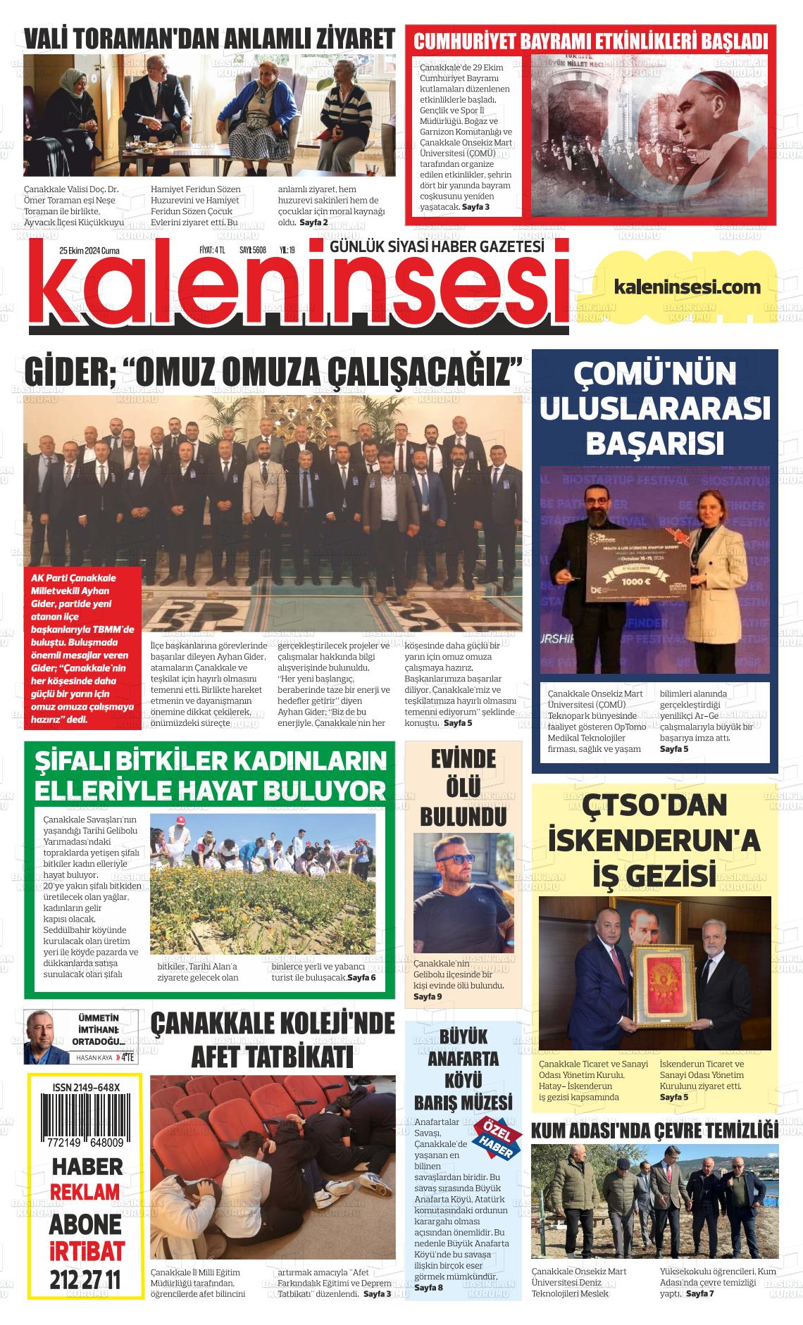 25 Ekim 2024 Kale'nin Sesi Gazete Manşeti