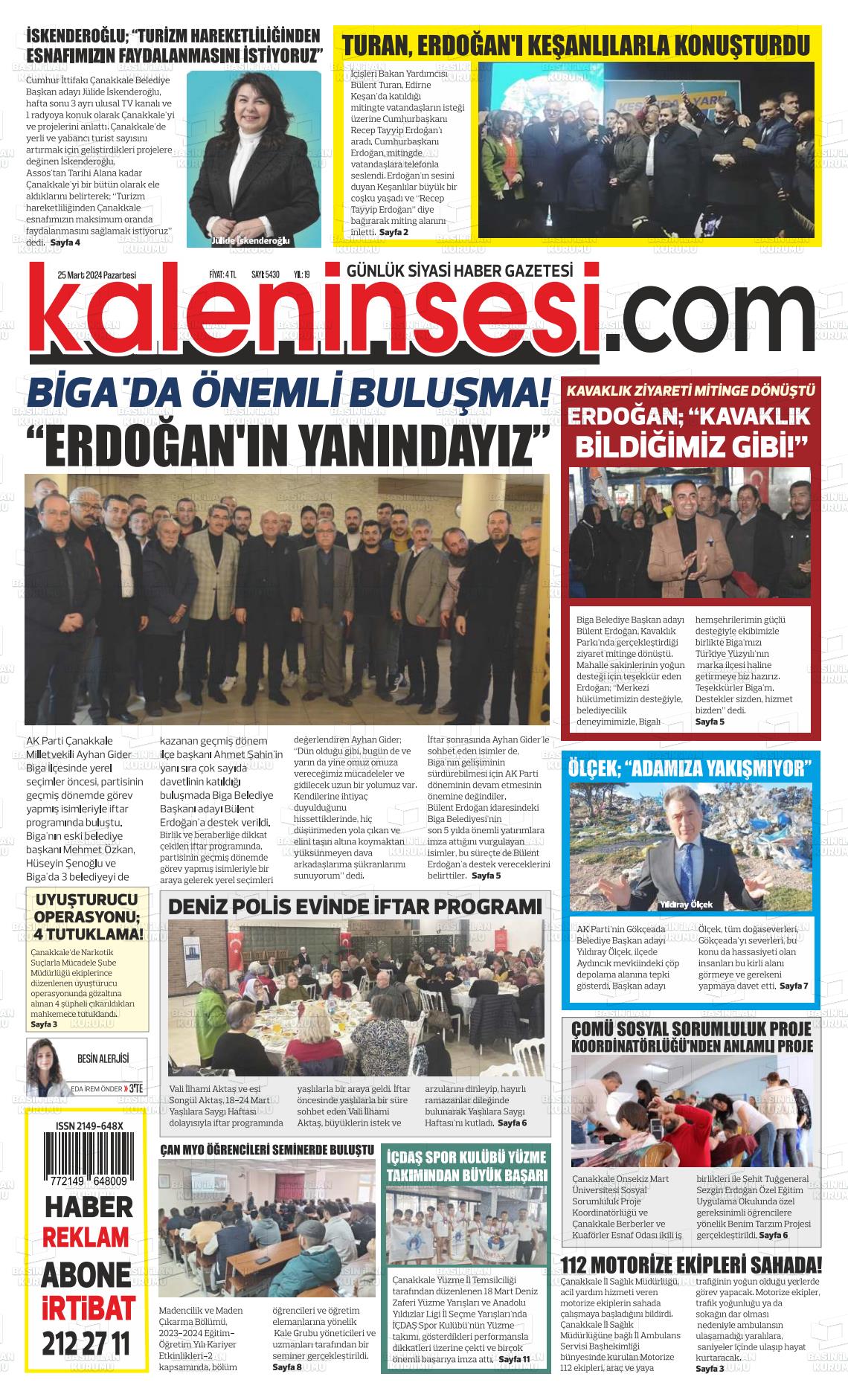 25 Mart 2024 Kale'nin Sesi Gazete Manşeti