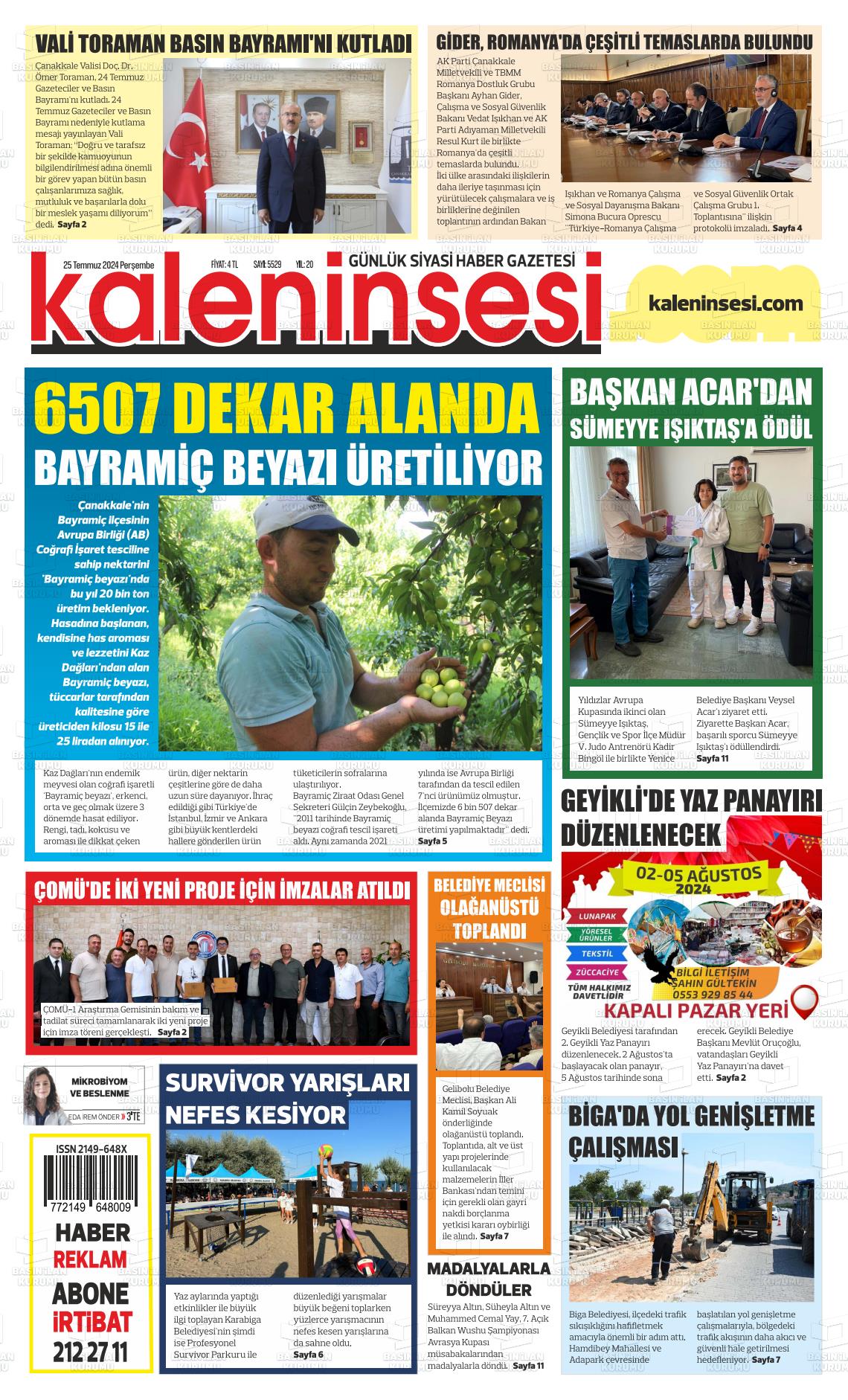 25 Temmuz 2024 Kale'nin Sesi Gazete Manşeti