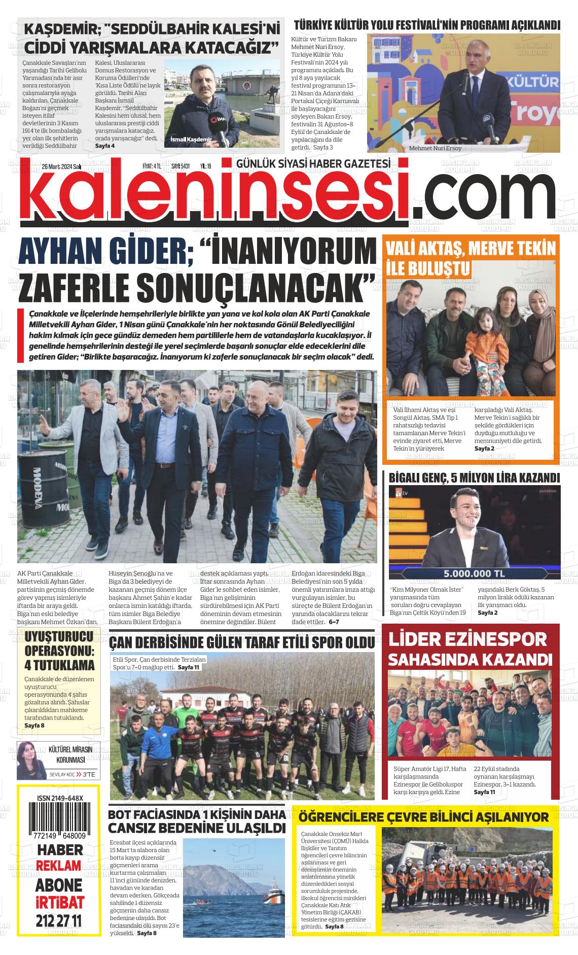 26 Mart 2024 Kale'nin Sesi Gazete Manşeti