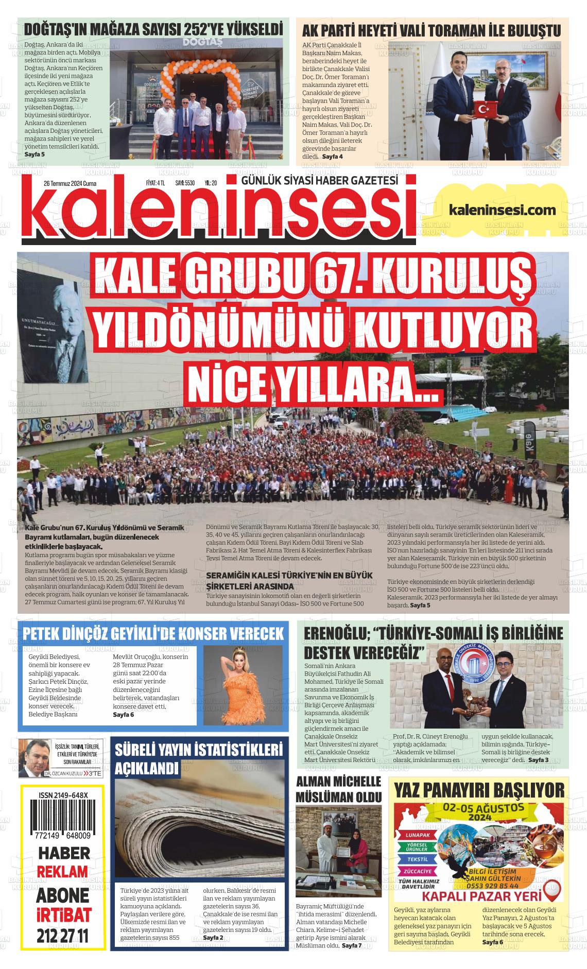 26 Temmuz 2024 Kale'nin Sesi Gazete Manşeti