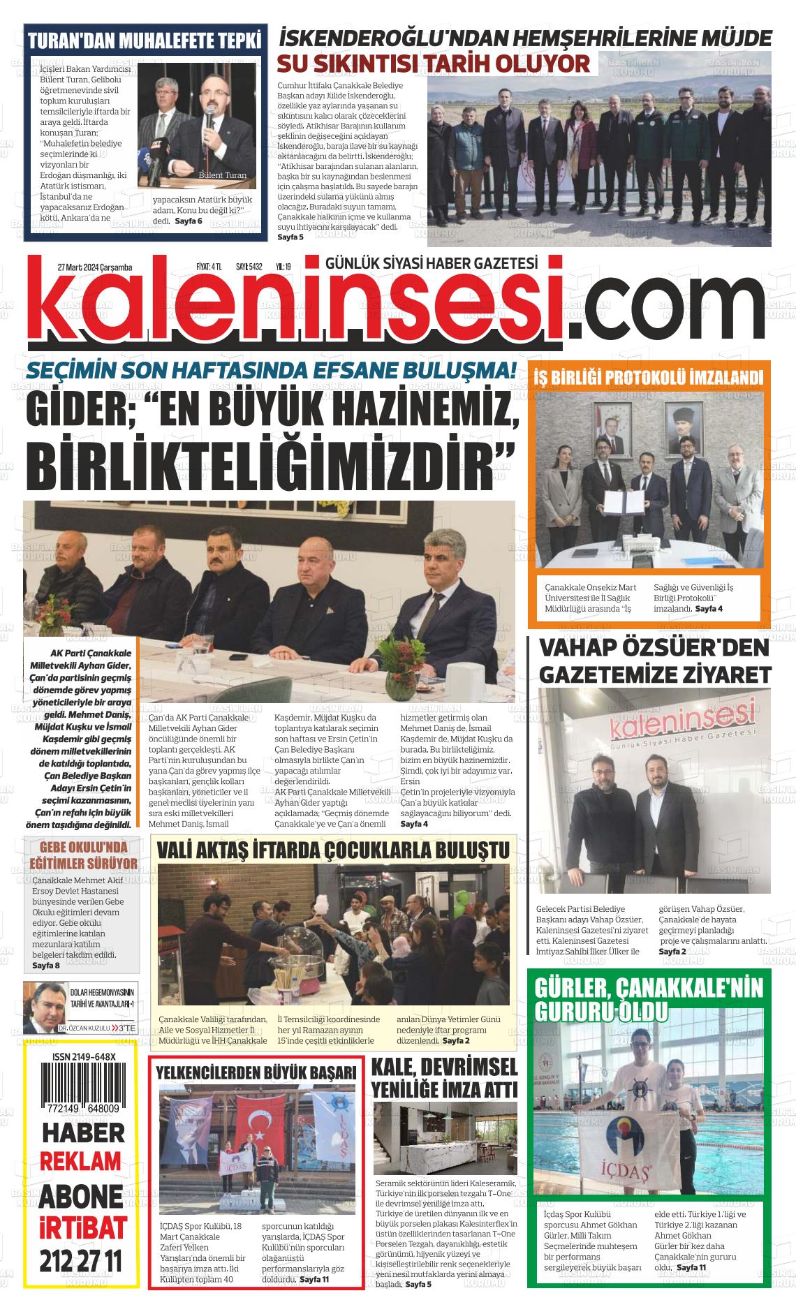 27 Mart 2024 Kale'nin Sesi Gazete Manşeti