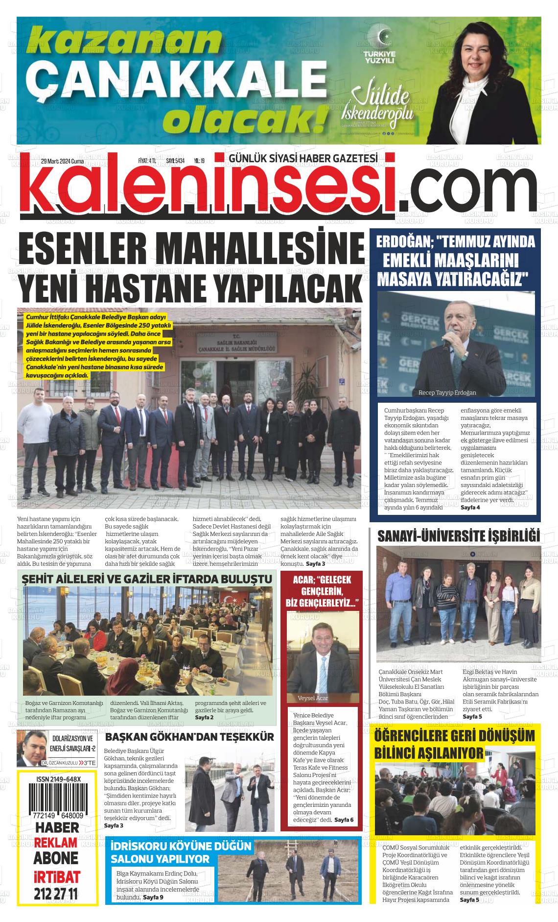 29 Mart 2024 Kale'nin Sesi Gazete Manşeti