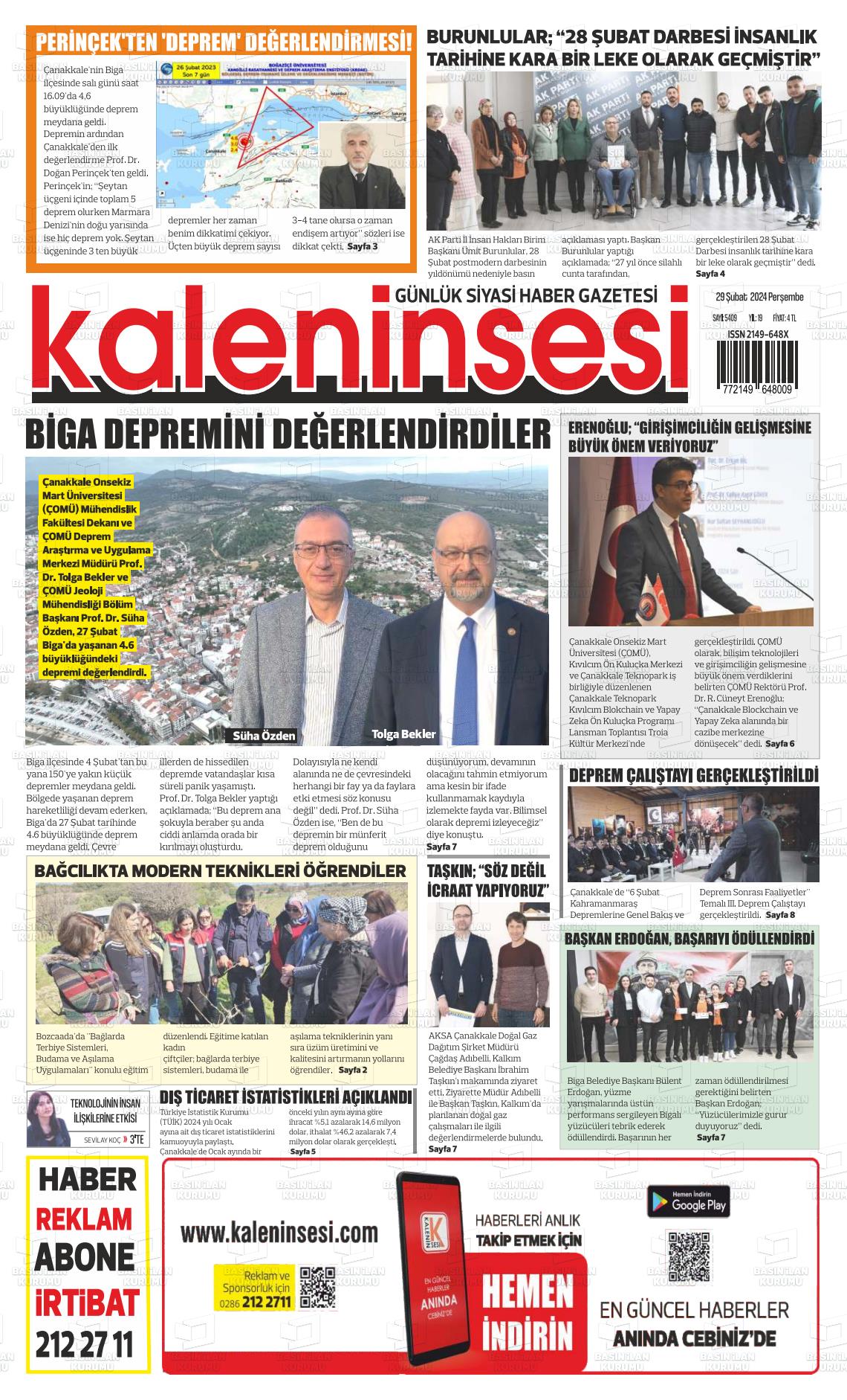 29 Şubat 2024 Kale'nin Sesi Gazete Manşeti