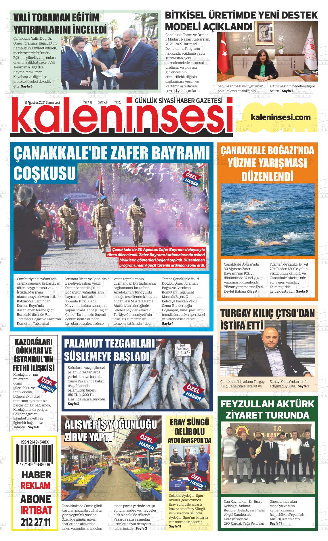 31 Ağustos 2024 Kale'nin Sesi Gazete Manşeti