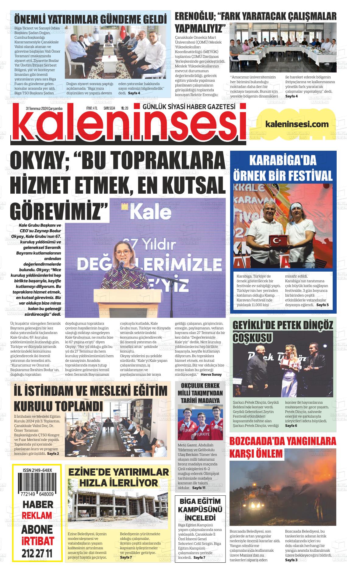 31 Temmuz 2024 Kale'nin Sesi Gazete Manşeti