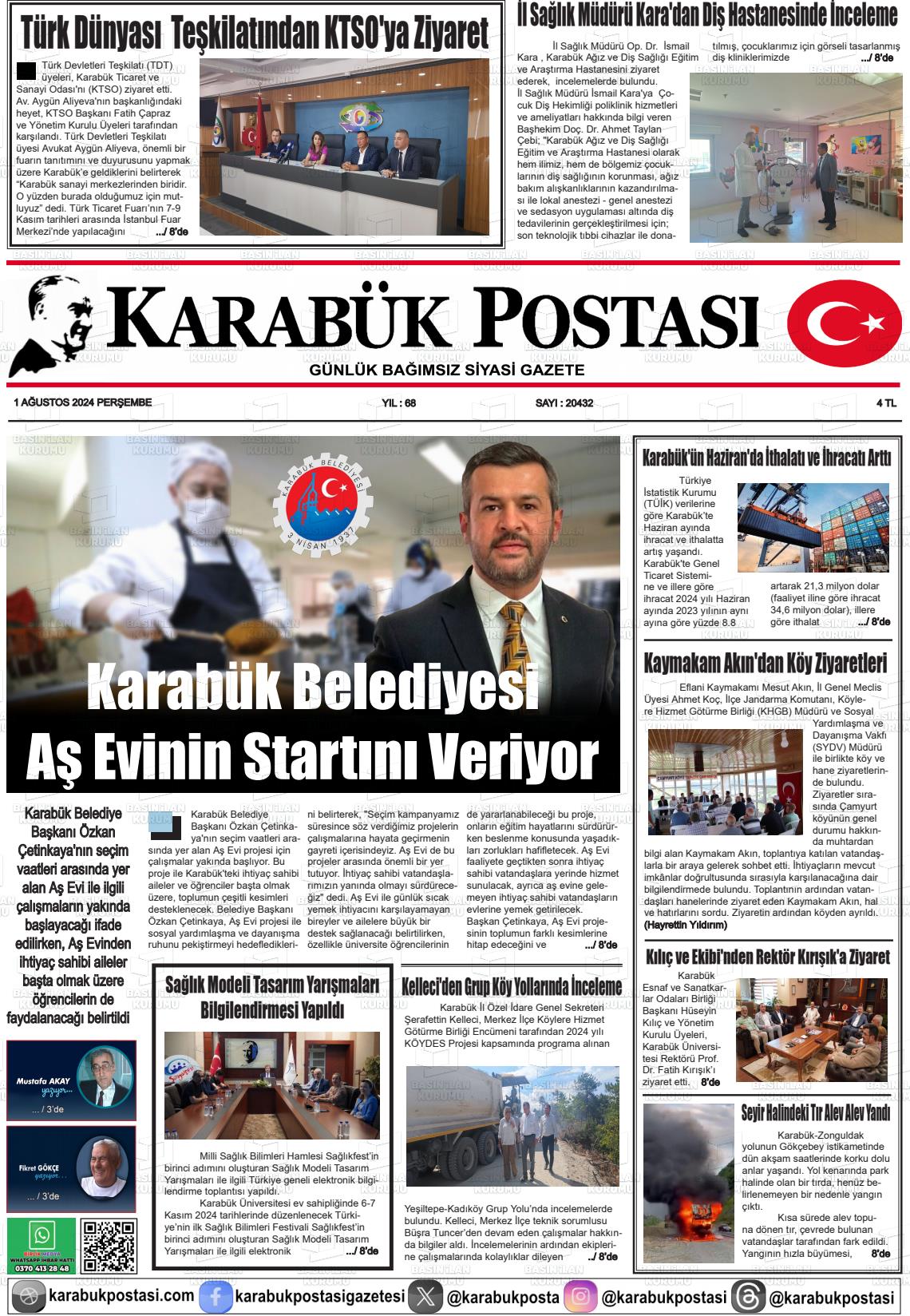 01 Ağustos 2024 Karabük Postası Gazete Manşeti