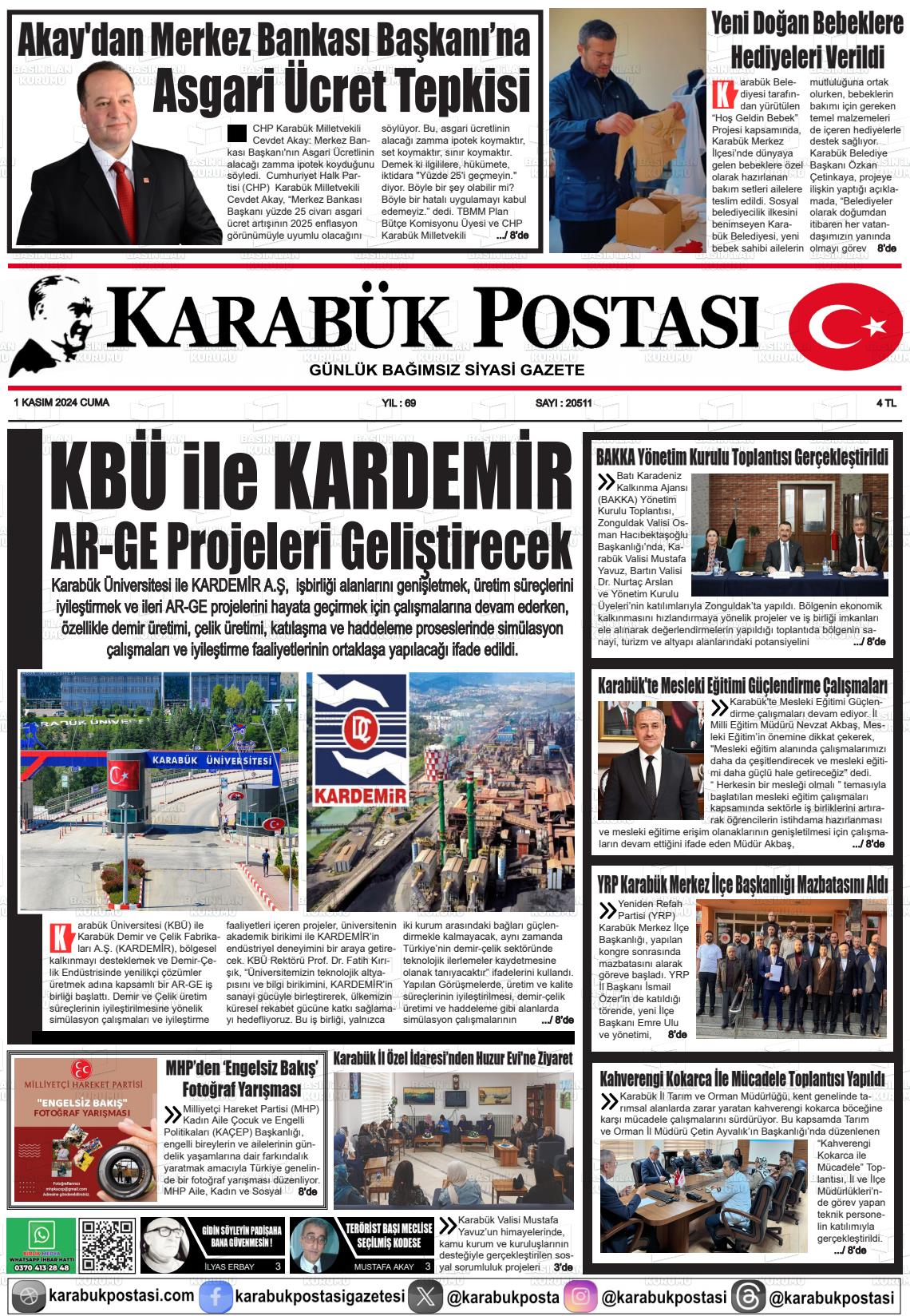 01 Kasım 2024 Karabük Postası Gazete Manşeti