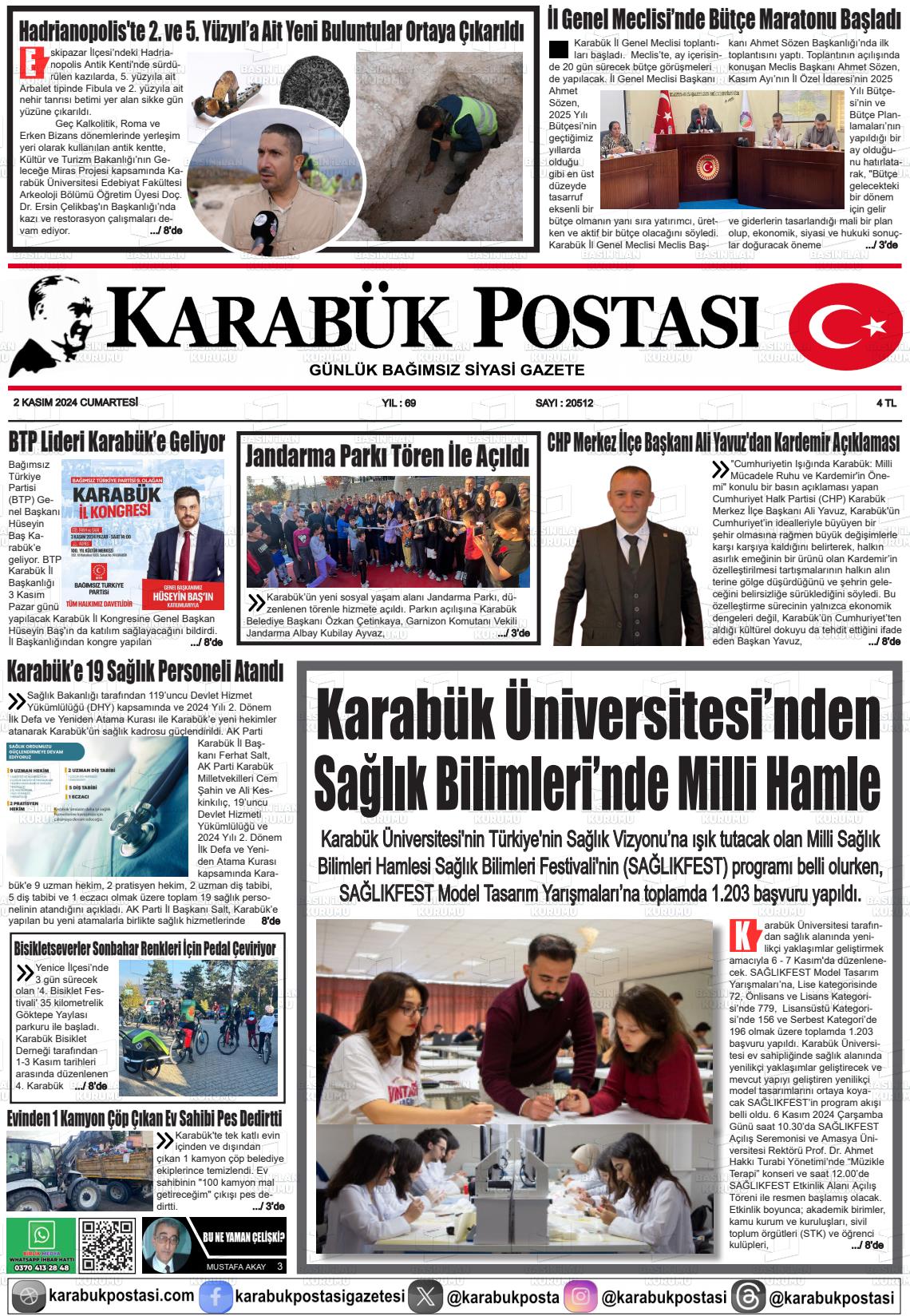 02 Kasım 2024 Karabük Postası Gazete Manşeti